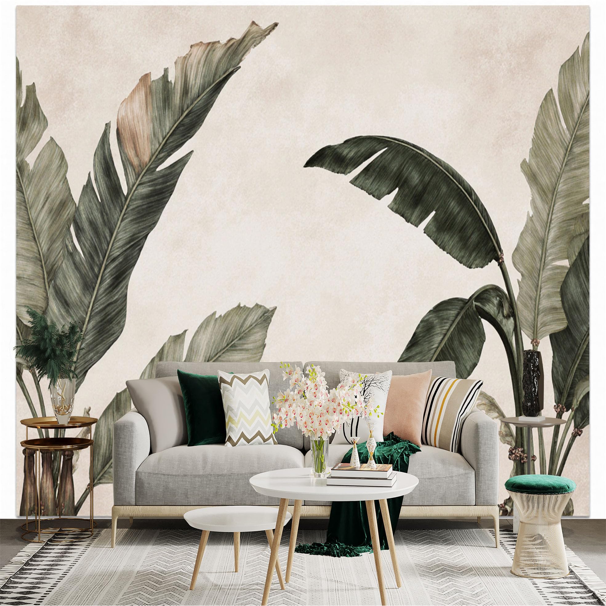 Custom Size Wall Sticker Mural， Vintage Tropical Banana Leaves， Large Botanical Foliage， Minimalist Palm Plant Art， for wall Decoration， peelandstick wall Decals.