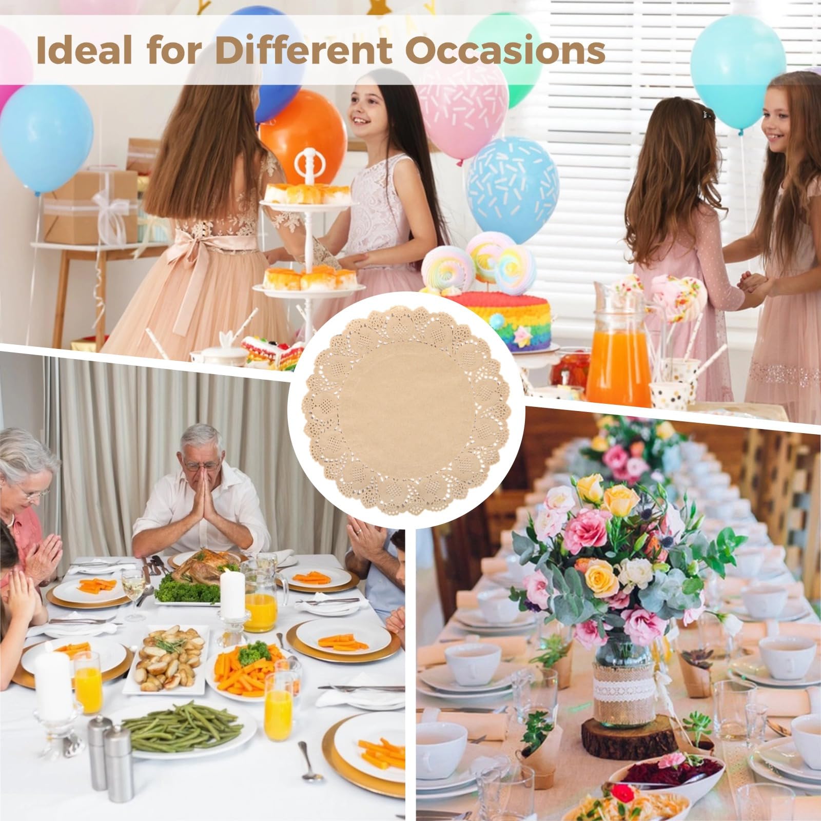Lot de 100 napperons jetables en papier kraft, 34 cm ronds en dentelle pour nourriture, gâteaux et travaux manuels