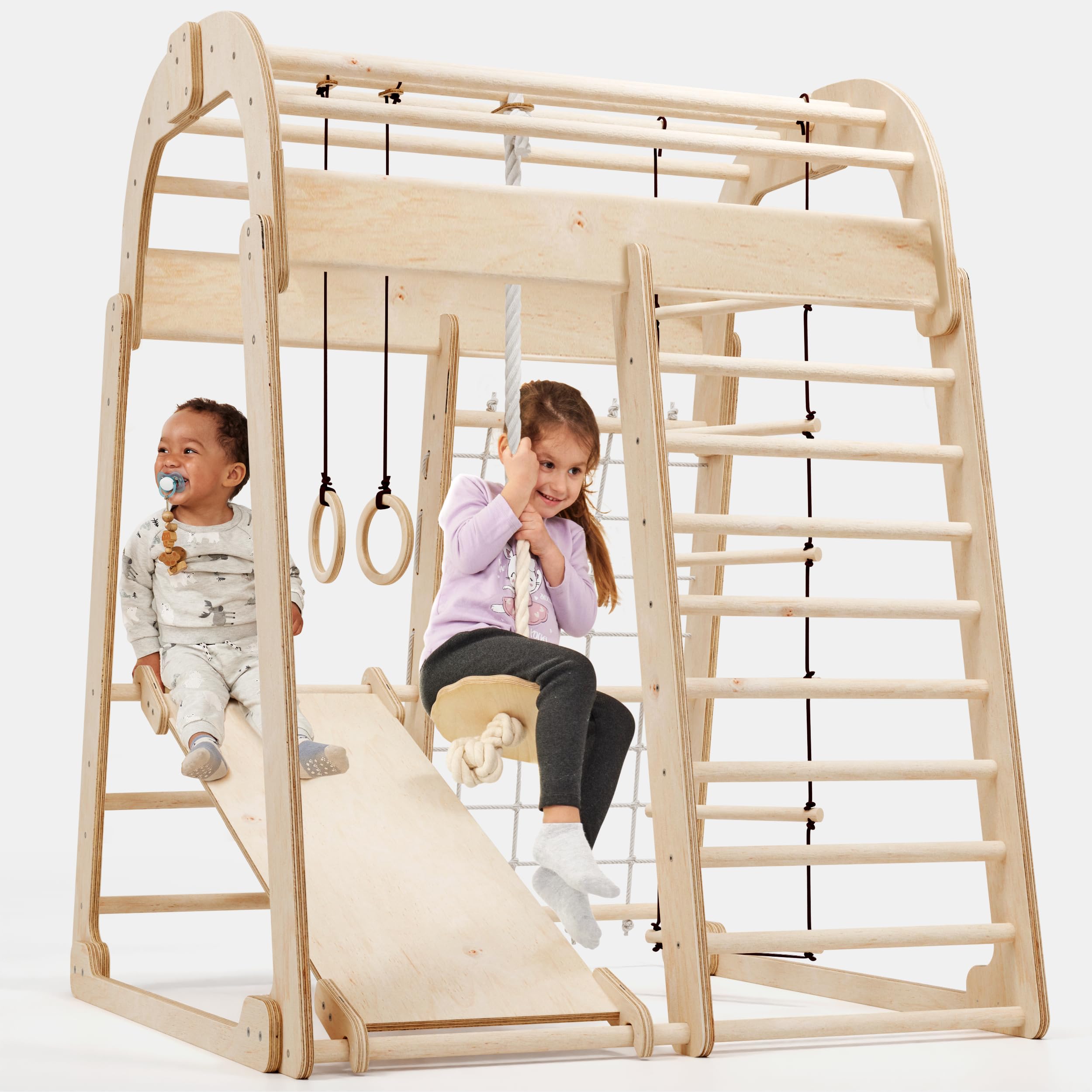 Montessori Struttura in Legno per Bambini, Parco Giochi con Scivolo, Altalena, Parete da Arrampicata, Corda, Scala a Maglia 3-8