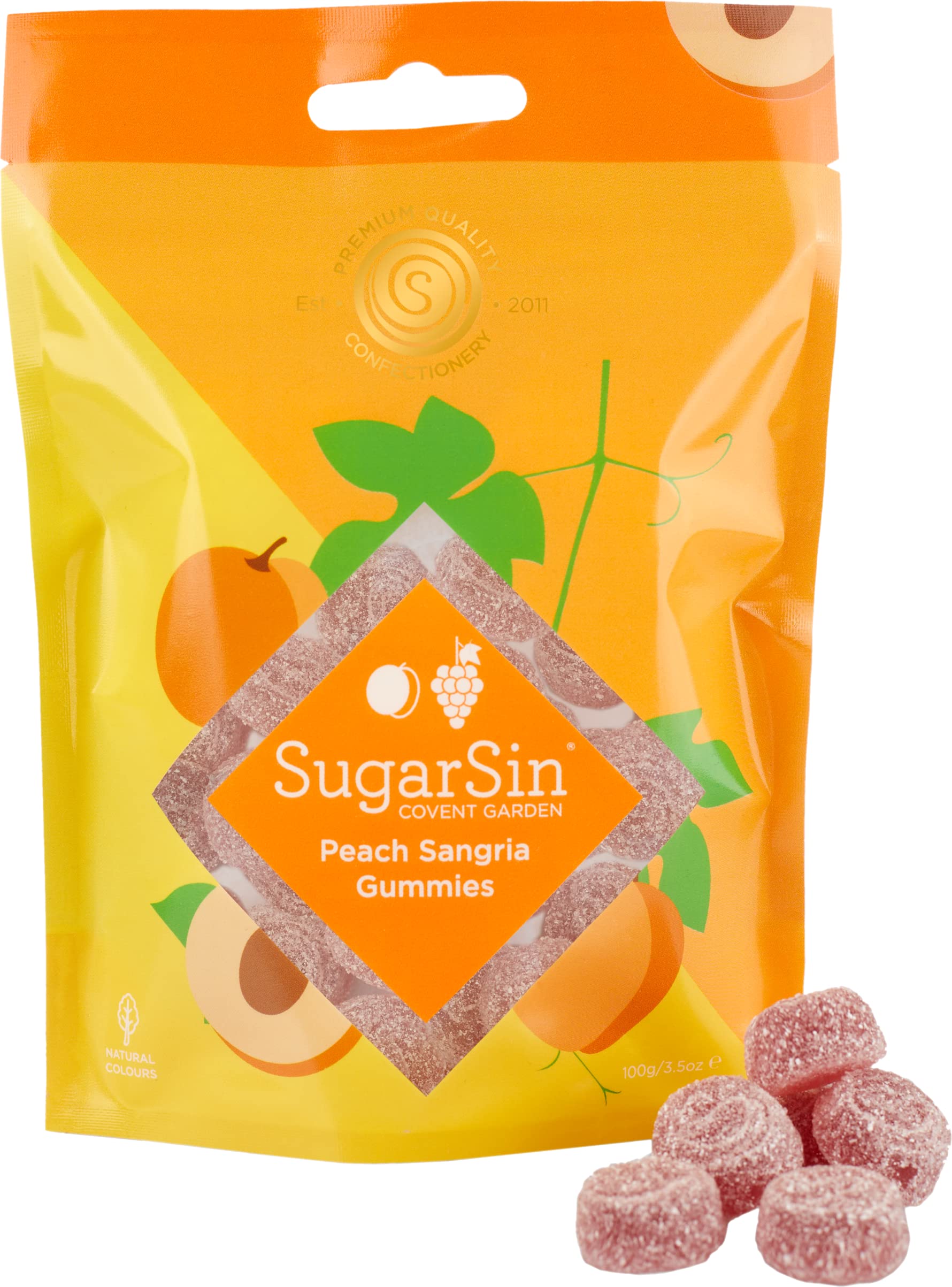 SugarSin - Peach Sangria Gummies Pouch, Juicy Sweet and Sour Fizz, Infused with Real Wine & Peach Punch Flavours, Dairy & Gluten Free, No Palm Oil or Nuts, Resealable 1x100g