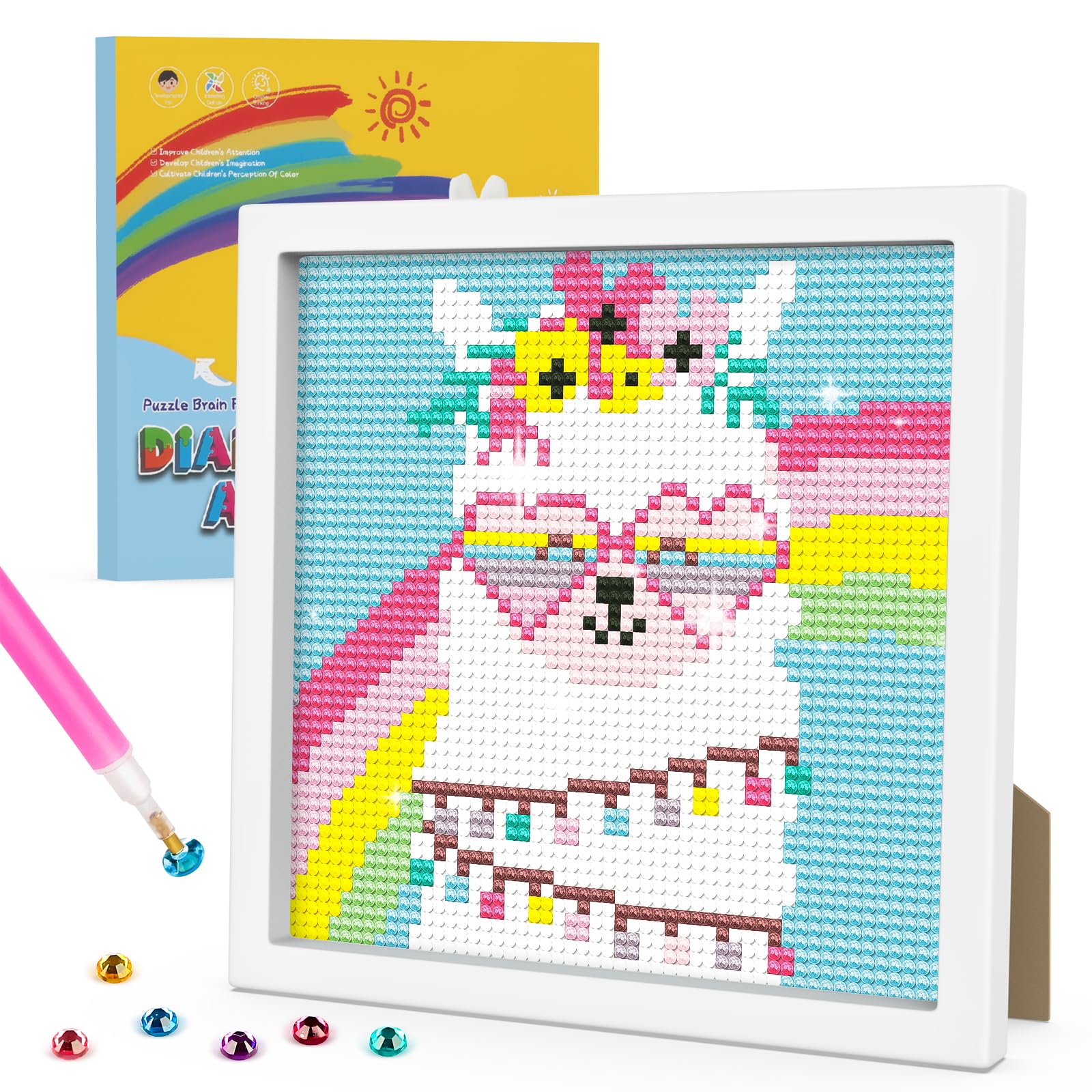 Genius maker Diamond Art Kits for Kids with Frame, 5D Diamond Art Kits Painting for Kids, Diamond Gem Art for Girls Boys Ages 4-8-12, Diamond Dots kits, Cartoon Painting Arts and Crafts (7x7inch)