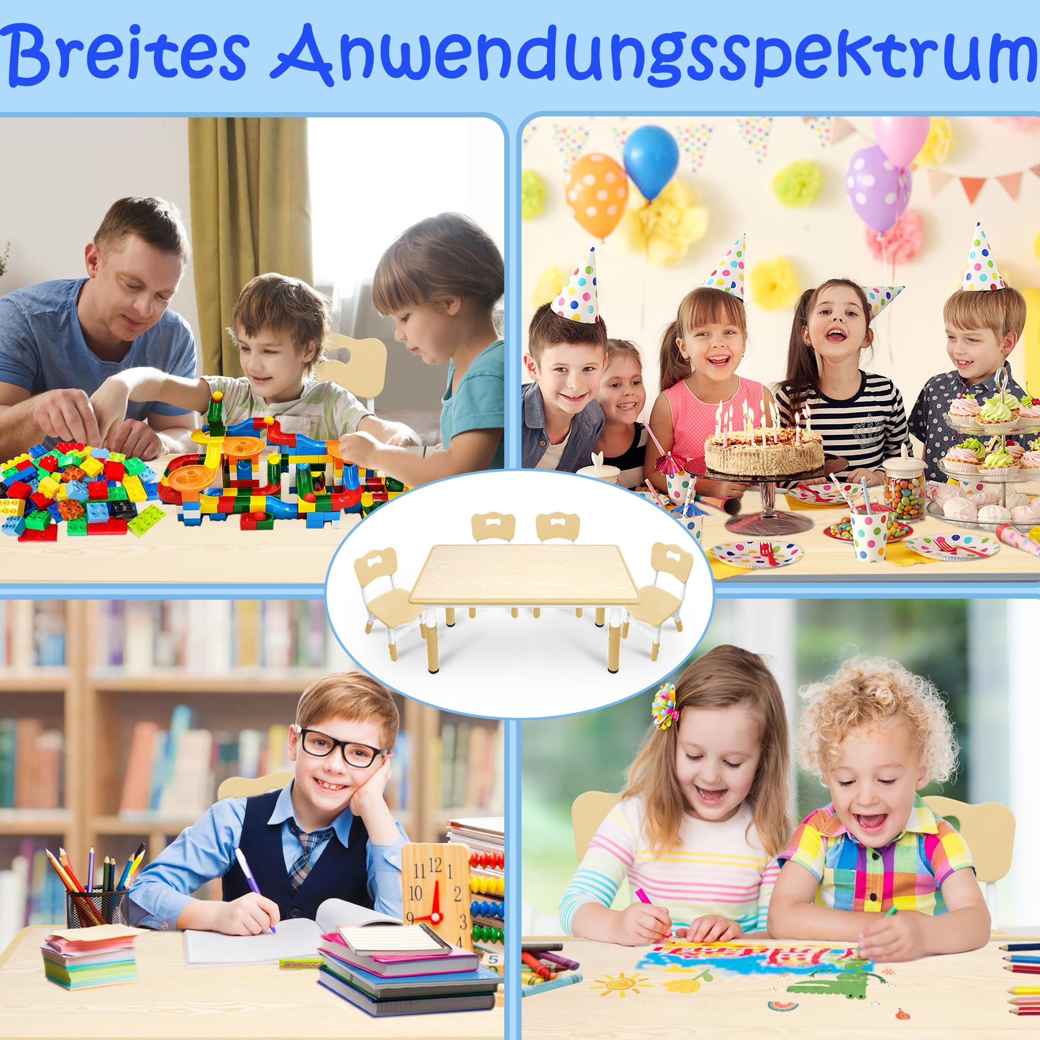 FIVMEN Table pour enfant avec 4 chaises en plastique - Hauteur réglable - Pour garçons et filles à partir de 2 ans - Couleur bois