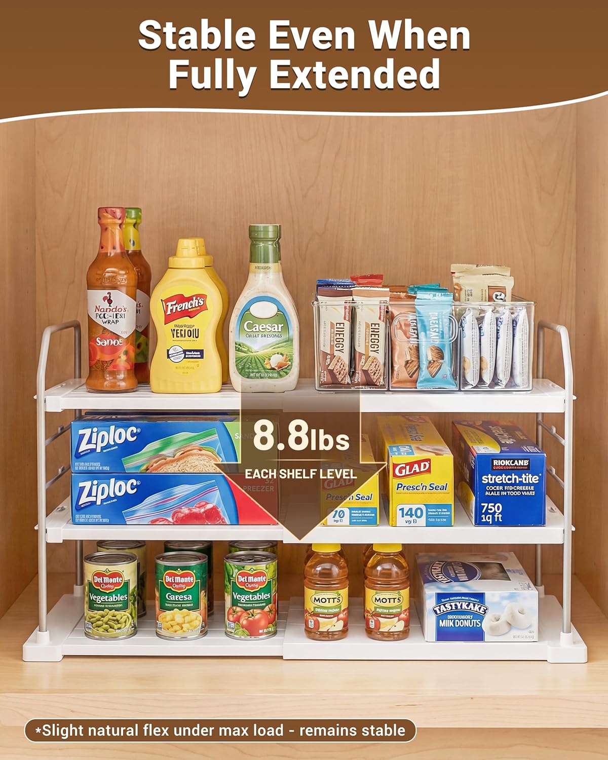 EVERIE Extendable 3-Tier Kitchen Cabinet & Pantry Organizer for Plastic Wrap, Foil & Storage Bags, Adjustable Heavy Duty Shelf Rack for Wrap Boxes, Jars & Snack Boxes (11–16.7 in Wide), Pack of 1
