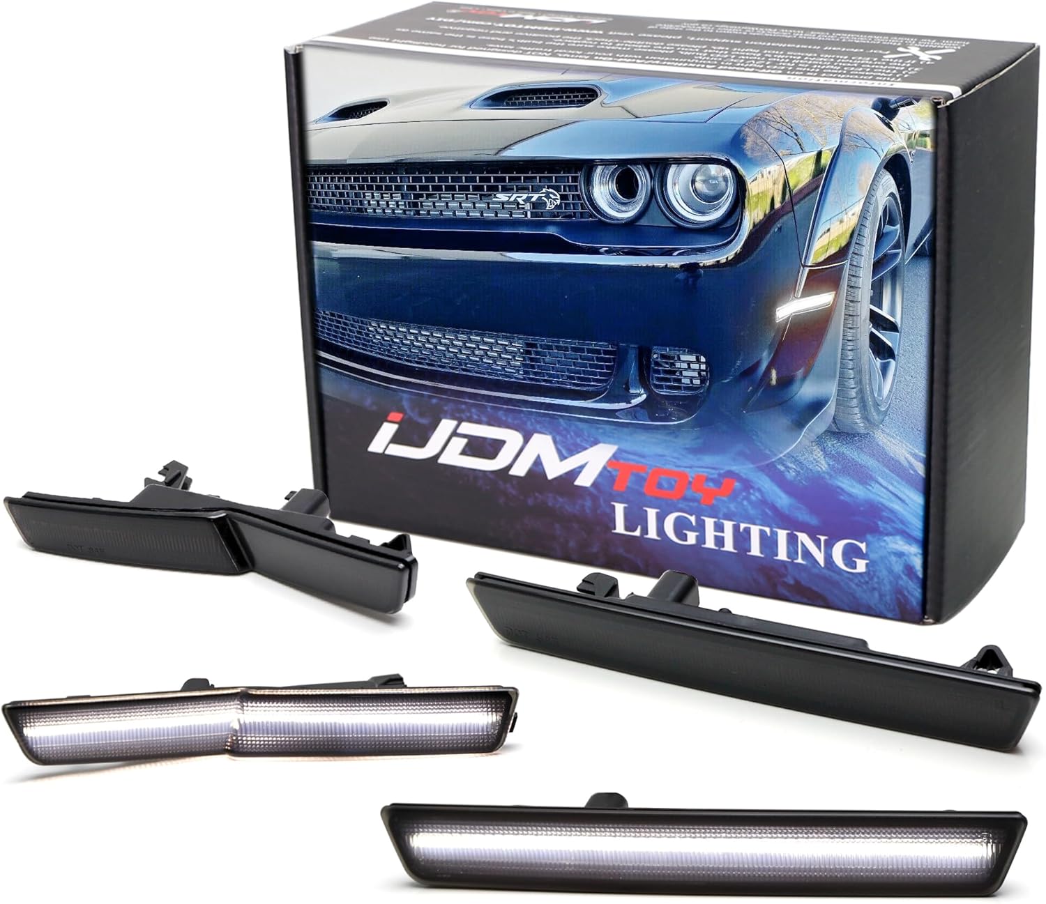 iJDMTOY Semi-Clear Lens Xenon White Front/Rear LED Side Marker Light Kit Compatible With 2015-23 Dodge Challenger SRT Hellcat Widebody ONLY, Powered by Total 180-SMD LED, Replace OEM Sidemarker Lamps