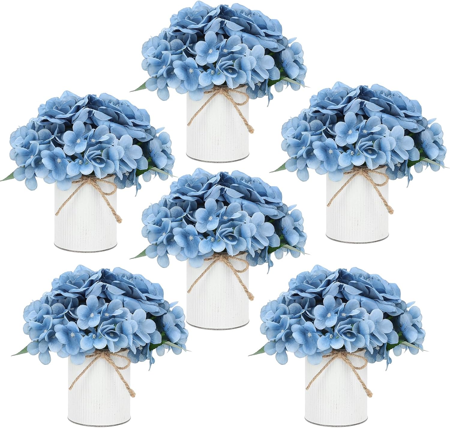 Flower Table Centerpieces - Set of 6 Floral Arrangement Artificial Wedding Hydrangeas Floral Arrangement with Rustic Metal Vase for Bridal Tea Party Event Decorations - Dusty Blue Dusty Blue Set of 6 Floral Arrangement
