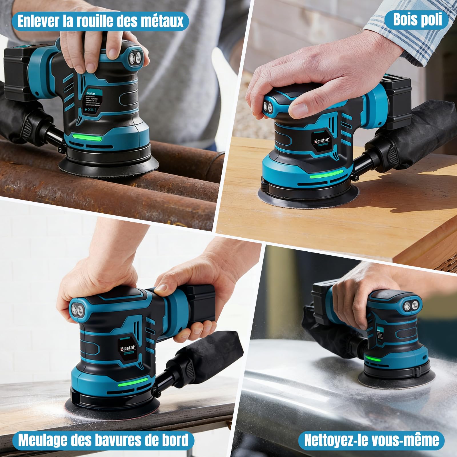 Bostar Ponceuse Excentrique Sans Fil 18V, Ø125mm Moteur Brushless, 2 Batteries 3.0Ah, Max. 21000 tr/min, 6 Vitesses, Sac à Poussière, Ponceuse Orbitale pour Bois et Voiture, Compatible Makita 18V