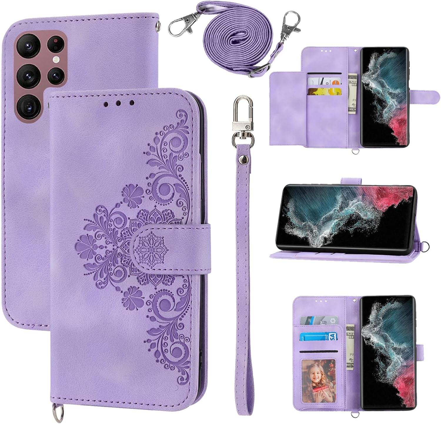 Wallet Case for Samsung Galaxy S26 Ultra 5G with Wrist Strap Shoulder Strap, Embossed Leather Flip Card Holder Stand Cell Phone Cover for S26Ultra 26S S 26 26Ultra 6.9 2026 Women Girls Purple