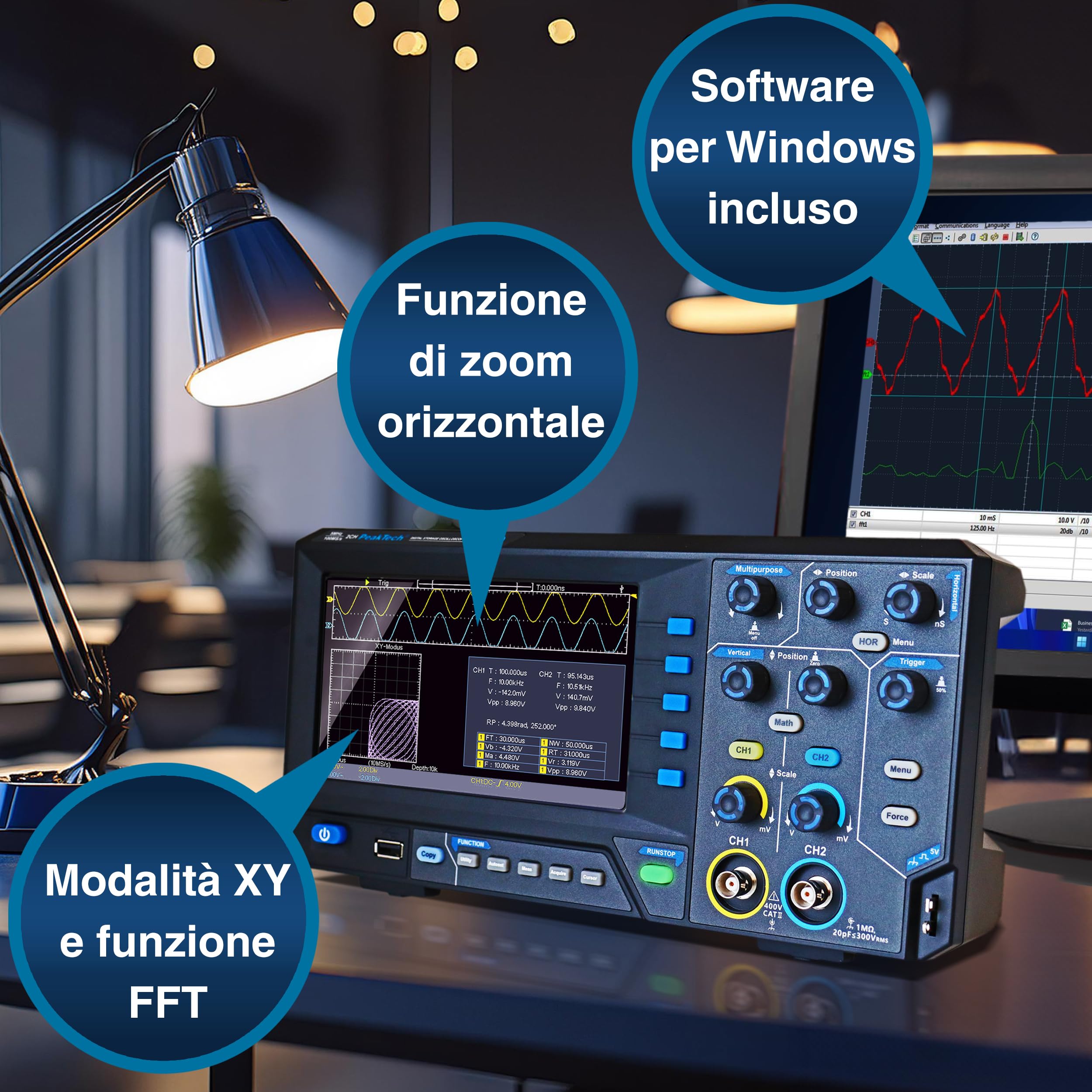 PeakTech 1400, Oscilloscopio digitale compatto a 2 canali, Oscilloscopio con larghezza di banda di 5 MHz, velocità di campionamento di 100 MS/s, connessione USB, incluso software per PC, Nero