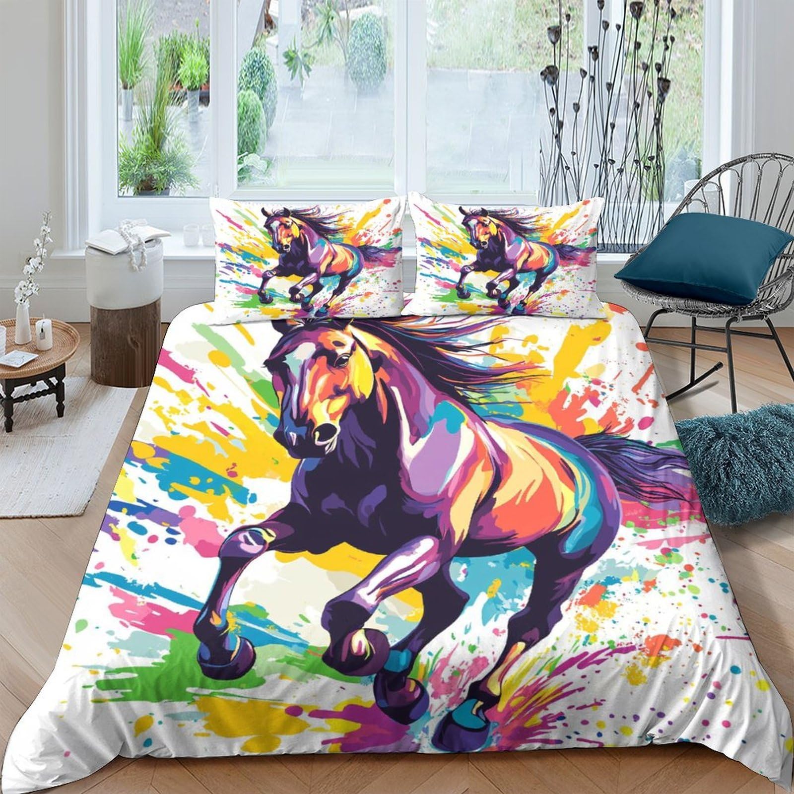 Ctjqhvkz Style-3 3D Printed Colorful Horse Fitted Sheet Microfiber Anti-Slip Artistic Rainbow Bed Sheet For Bedroom Decor Protection Single（135X200cm）