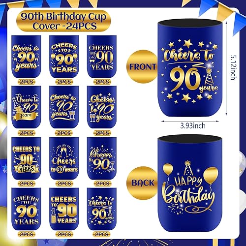 Miniatura 4 de 24 fundas para enfriar latas de cumpleaños 90, decoración de cumpleaños 90 azul y dorado para hombres y mujeres, fiestas de cumpleaños 90, fundas