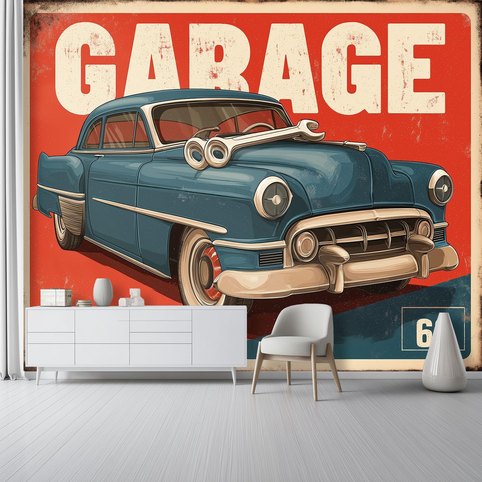 Tapeta samochodowa w stylu vintage 400 x 280 cm, plakat na ścianę mural dekoracja ścienna salon sypialnia pokój dziecięcy, czerwony