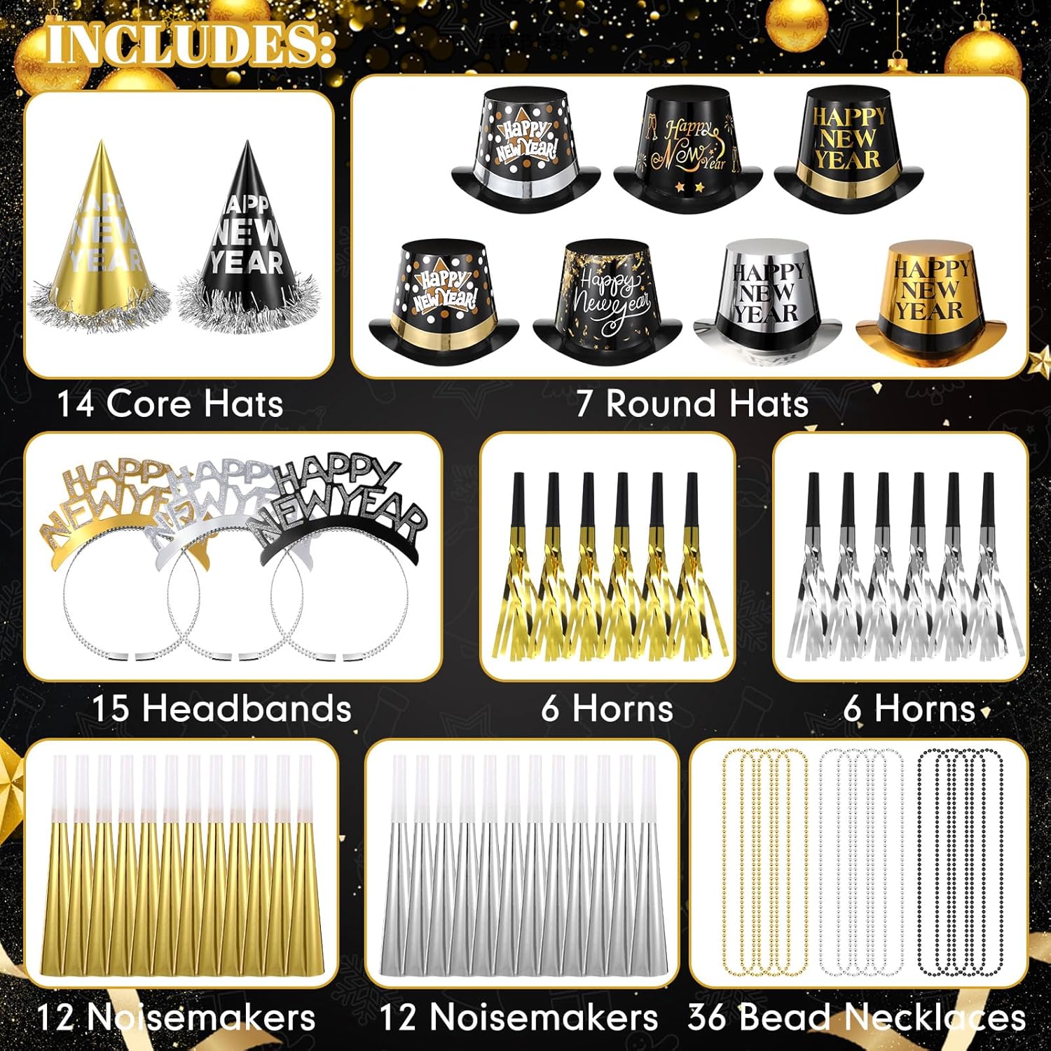 108 Pcs / 36 Set Happy New Year Party Kit 2026 New Year Decoration Favors Years Eve Party Supplies for 36 Guest Include Black Gold Sliver Top Hats Tiaras Headbands Bead Necklace Noisemaker - Image 3
