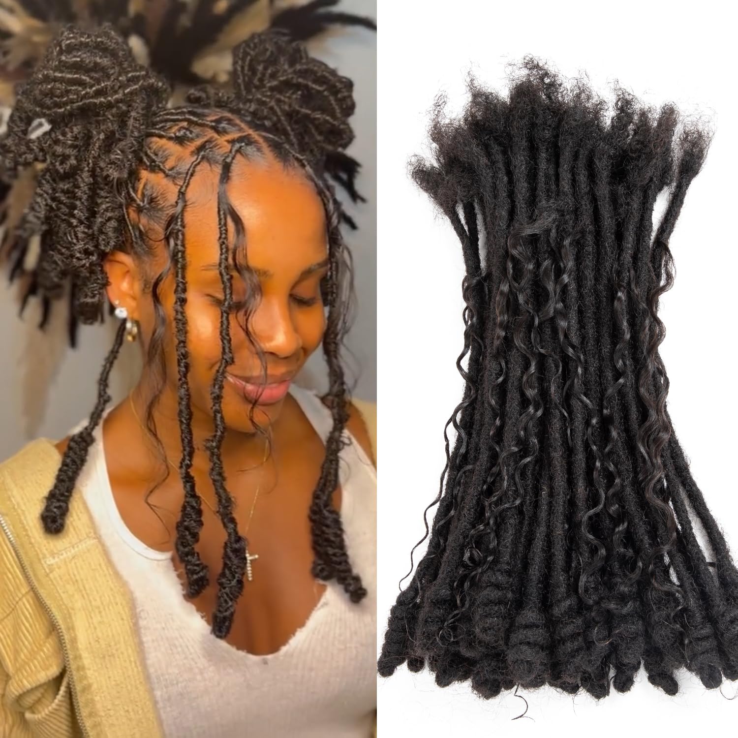 Lovenea0.6 cm Human Hair Dreadlocks with Twist Ends 8 inch 30 Strands Boholocs Human Hair Handmade Dreadlock Extensions Natural Black Color Can Be Dyed Bleached Curled(1B#, 8 Inch-30 Strands)