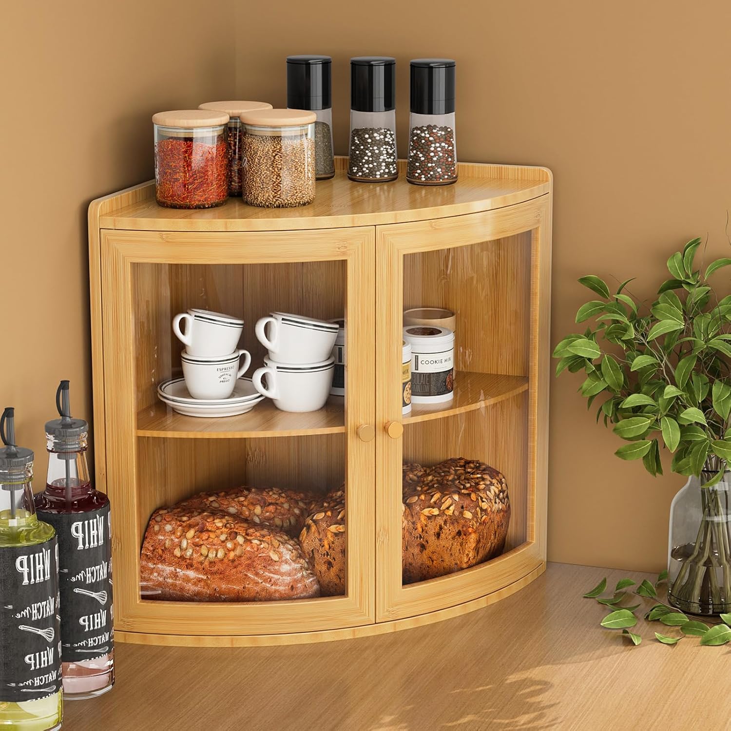 Bamboo Corner Bread Box for Kitchen Counter with Acrylic Transparent Door Large Capacity Bread Holder Double Layer Bread Storage Container for Homemade Bread (Natural Bamboo)