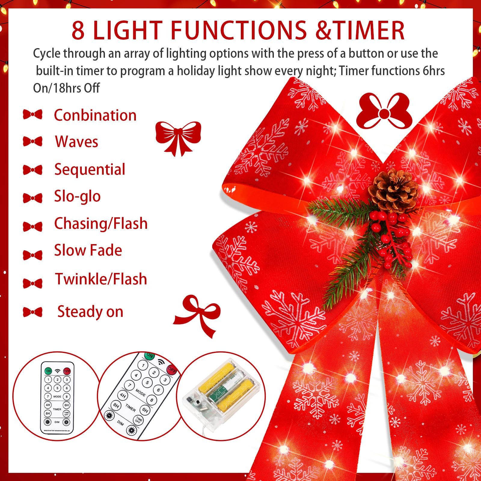 6 Pcs Pre Lit Christmas Wreath Decoration LED Xmas Bows with Timer Big Red Bow Lighted Christmas Tree Toppers for Indoor Outdoor Holiday Decor, 8 Light Functions (Snowflake)