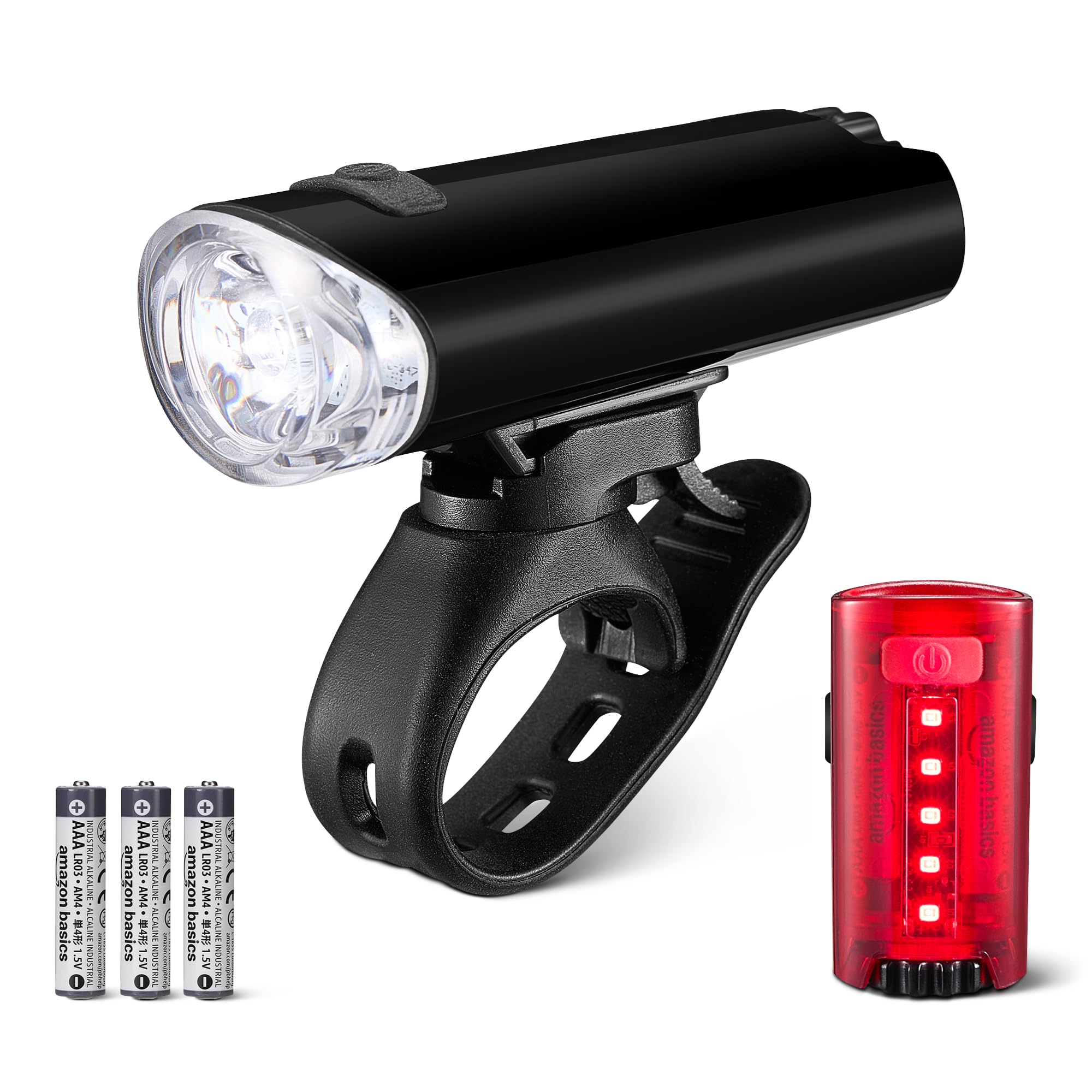 Amazon Basics LED Bike Light Set with 100 Lumen Headlight and 10 Lumen Taillight - 3 Mode Waterproof Bicycle Lights with Mounts - Batteries Included - Black and Red
