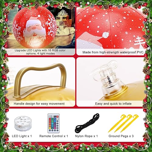 Miniatura 3 de CEWOR Adornos inflables de Navidad de 24 pulgadas, bolas de PVC iluminadas para piscina, gran bola decorativa de Navidad al aire libre con luz