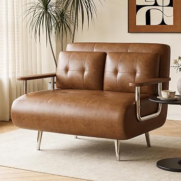 43.3" Faux Leather Convertible Sofa Bed with Sturdy Metal Legs, Folding Futon Couch with Adjustable Back Support, Compact Sleeper Chair for Living Room, Bedroom, Apartment & Office, Brown