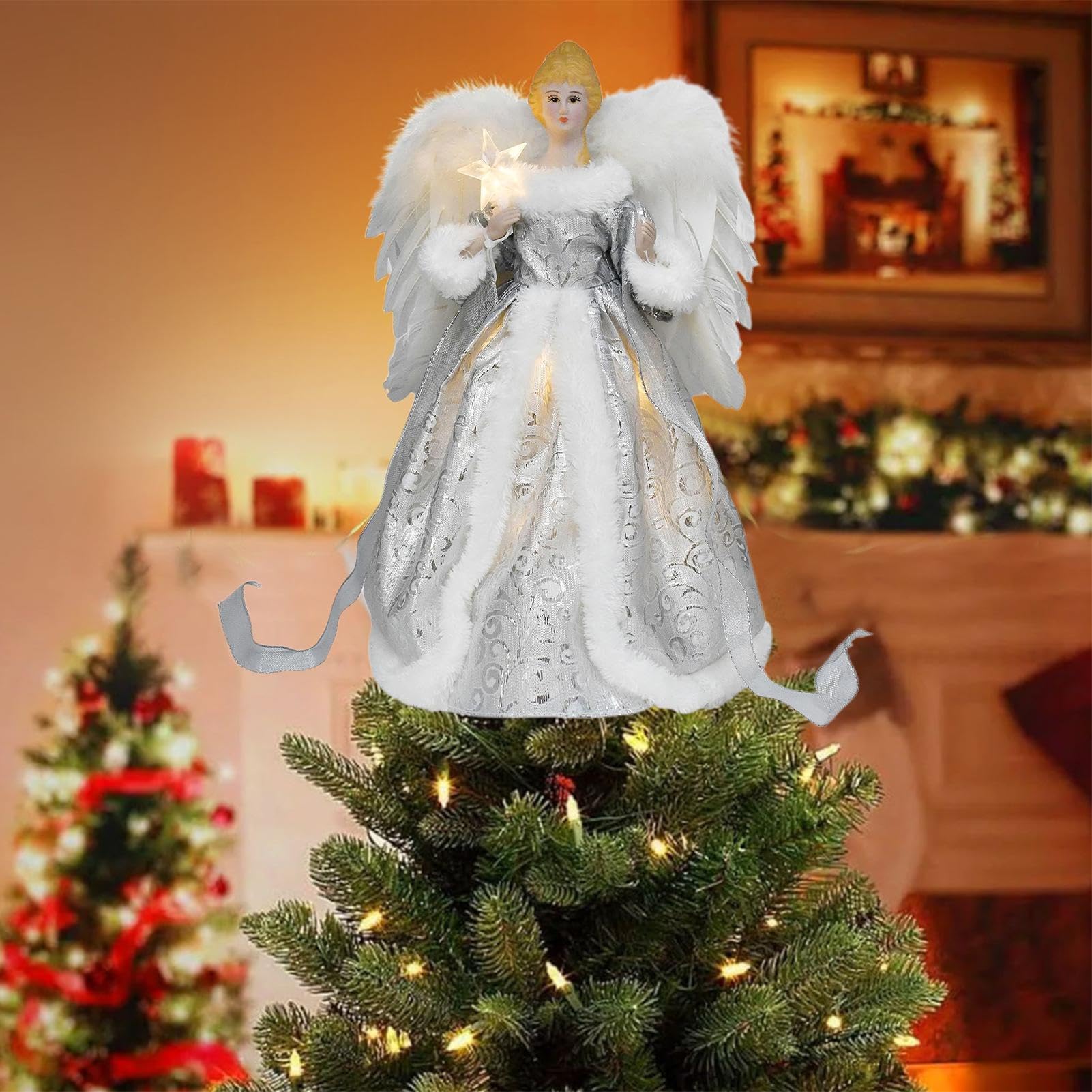 C-imier De Sapin De Noël Ange Avec Lumières LED, 30cm Pointe