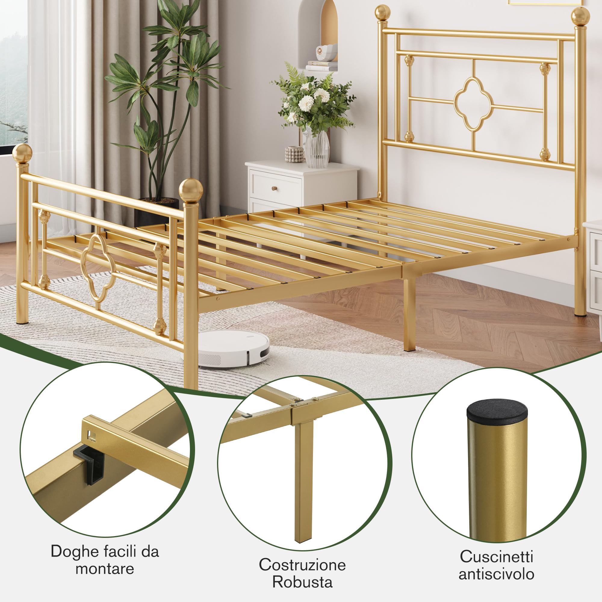 MUTICOR Struttura Letto in Metallo 90x200 cm, Letto Moderno per Camera da Letto o Stanza degli Ospiti con Testiera e Doghe, Silenzioso, Facile da Montare, con Spazio di Stoccaggio, Oro