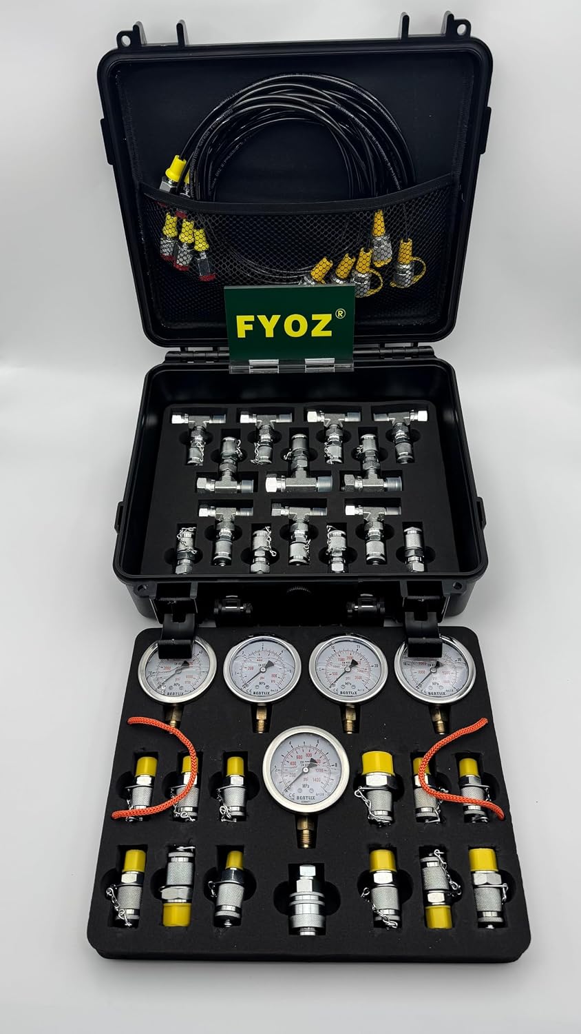 Hydraulic Pressure Test Kit with 5 Pressure Gauges, 5 High-Pressure Hoses, 13 Thread Adapters, 14 Test Tees, 6-60MPa Range, for Industrial Hydraulic Systems and Construction Machinery