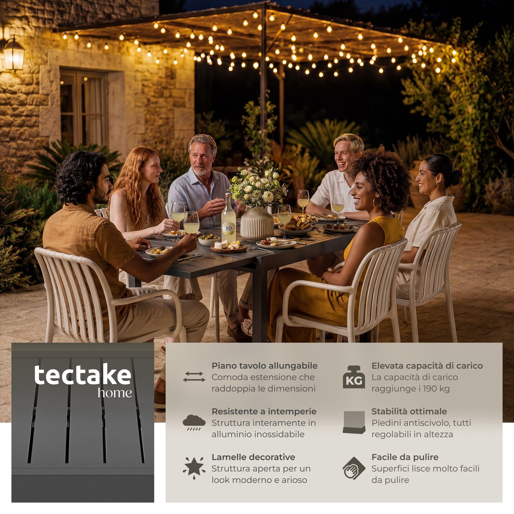 tectake® Tavolo da Esterno Allungabile in Alluminio, 70/140 x 70 x 75 cm, Regolabile in Altezza, Piano a Doghe, Piedini Antiscivolo, Resistente Intemperie, Tavolo da Pranzo 4-6 Persone - Grigio Scuro