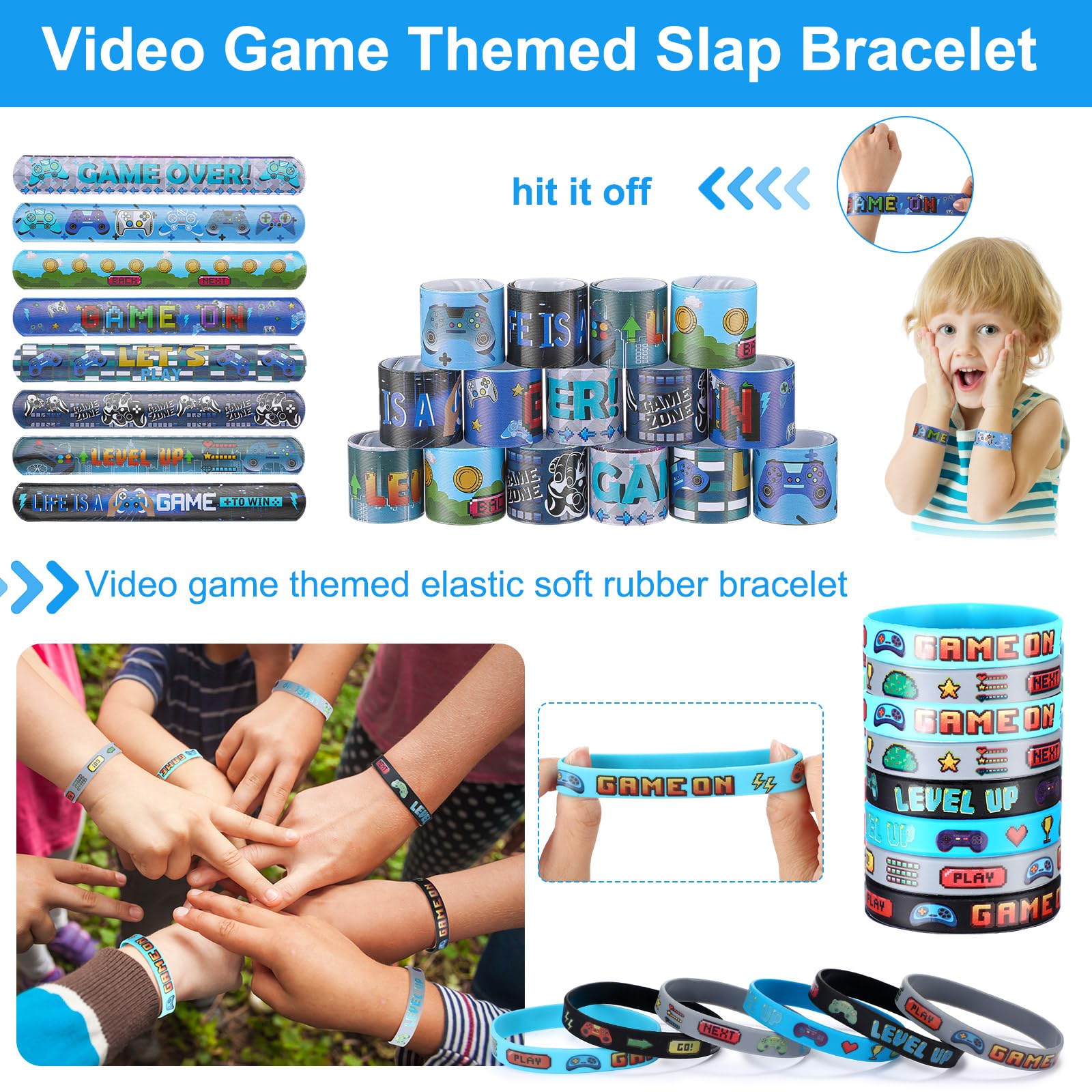 HyDren 179 piezas de recuerdos de fiesta de videojuegos, incluye cajas de regalo de videojuegos, globos perforadores, pulseras de silicona, llaveros, insignias, calcomanías para juegos de fiesta de