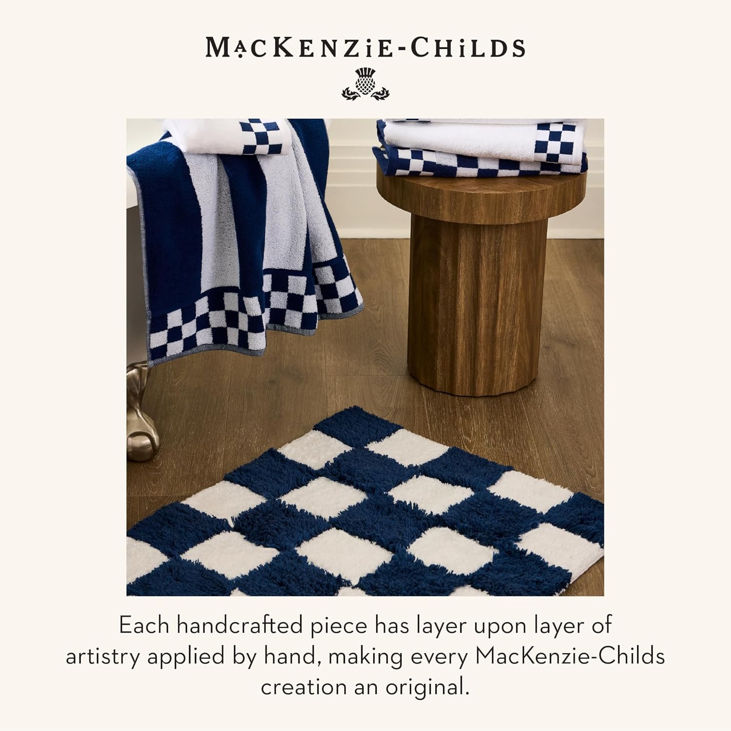 MACKENZIE-CHILDS Hand Towel, Cute Decorative Hand Towel for Bathroom and Kitchen, Blue-and-White Navy Check Border