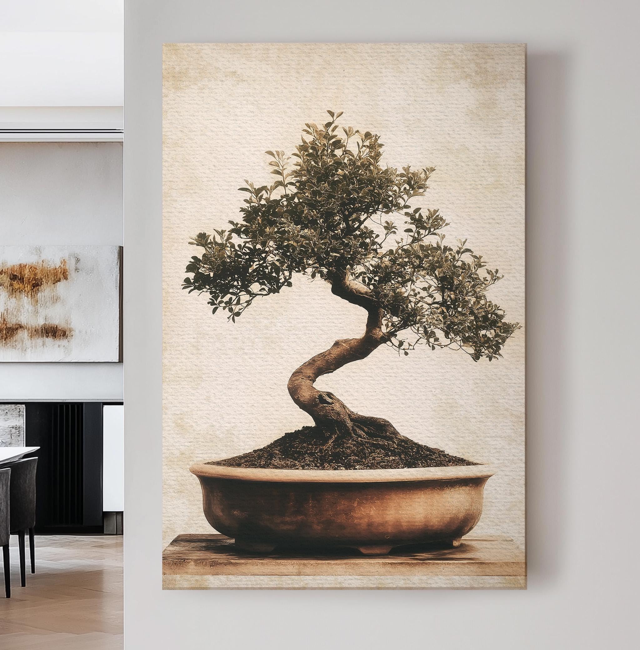 Caoxtart Men's Frameless Japanese Bonsai Oil Painting Vertical Still Life Wall Art, Botanical Canvas Print, Muted Colors Nature Rustic Art Mural(80X120cm/Frameless)