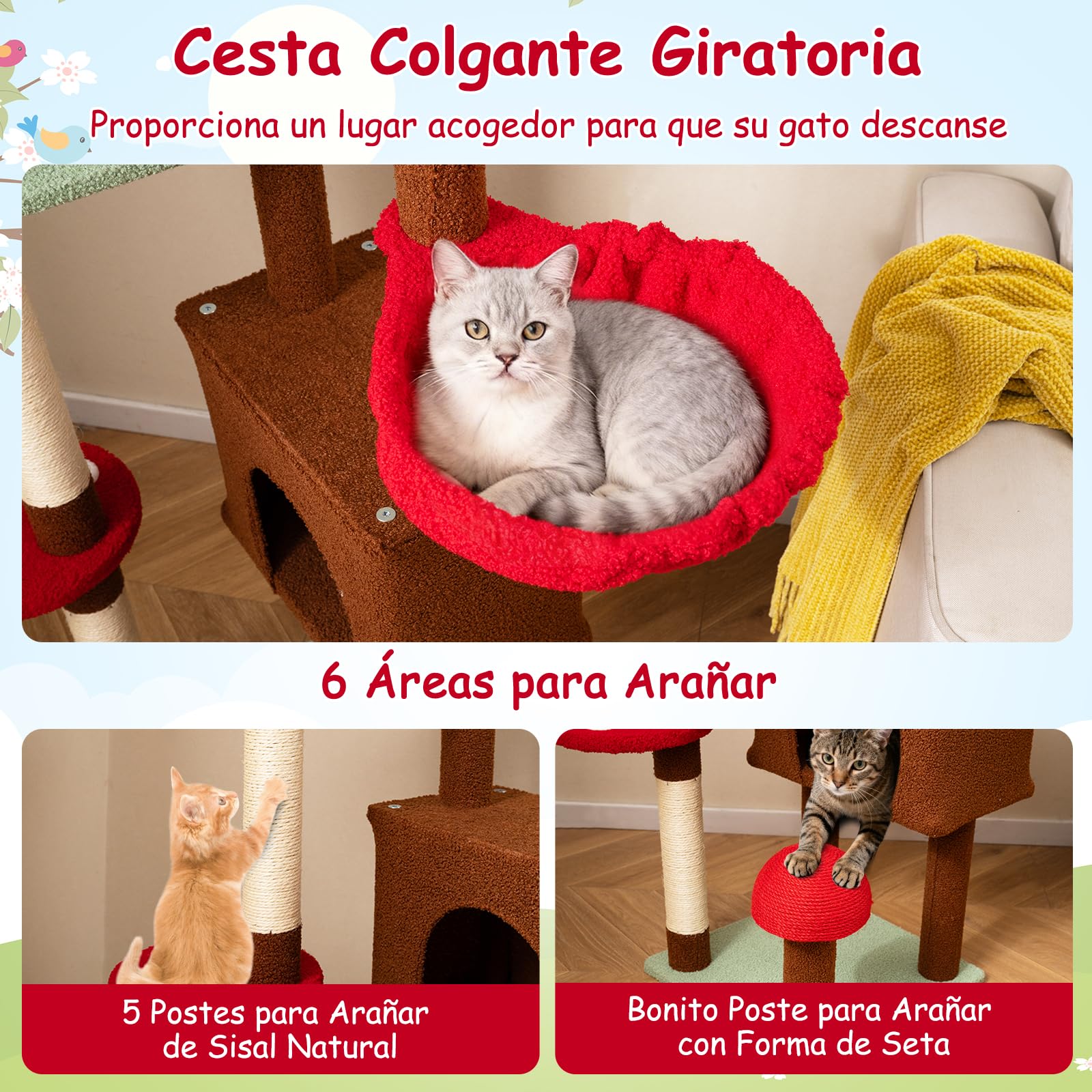 COSTWAY Árbol Rascador para Gatos de Suelo a Techo, Torre Rascador Alta para Gatos, Ajustable de 207-277 cm, con Condo y Hamaca, Cesta Colgante, Postes para Rascar de Sisal, 2 Pelotas con Resorte