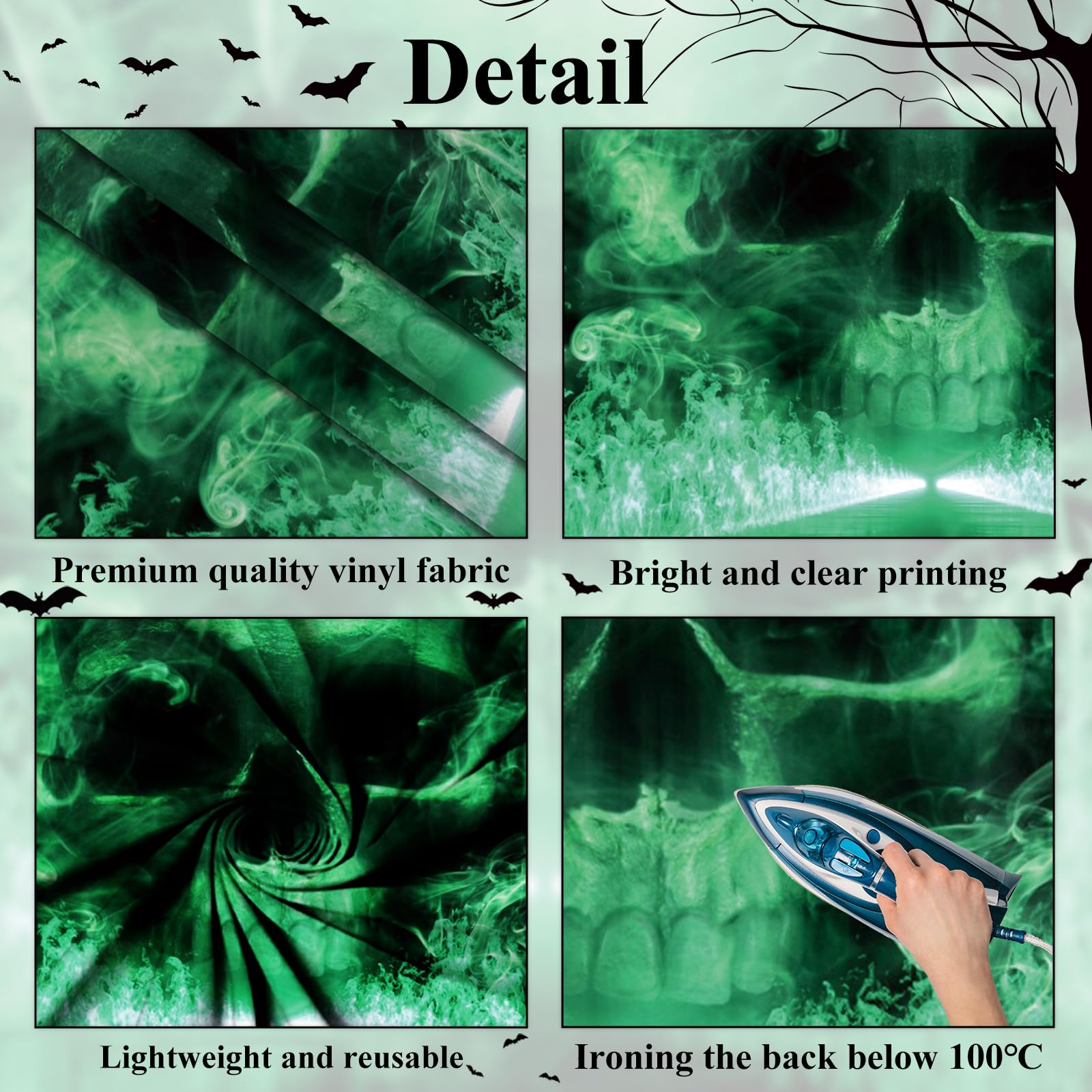 Halloween tło fotografia 3,7 x 2,4 m horror czaszka tematyczne dekoracje imprezowe fajna czaszka fantazja szkielet zielone czarne tło Halloween baner materiały do budki fotograficznej dla dzieci