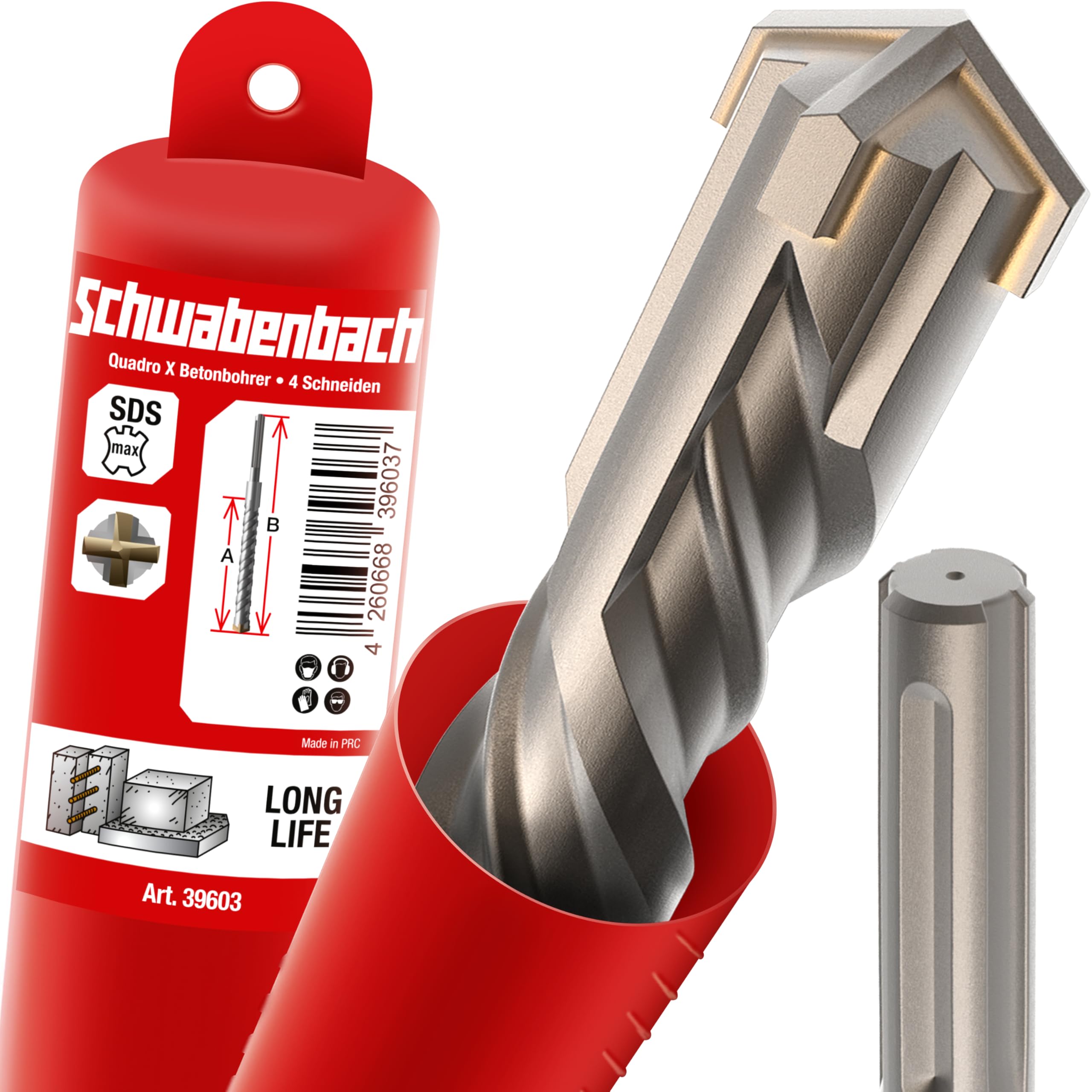 SCHWABENBACH® Wiertło SDS Max 45 mm x 480 x 600 – długość użytkowa 480 mm | Wiercenie w betonie i zbrojonym betonie – wiertło do ścian – wiertło ścienne