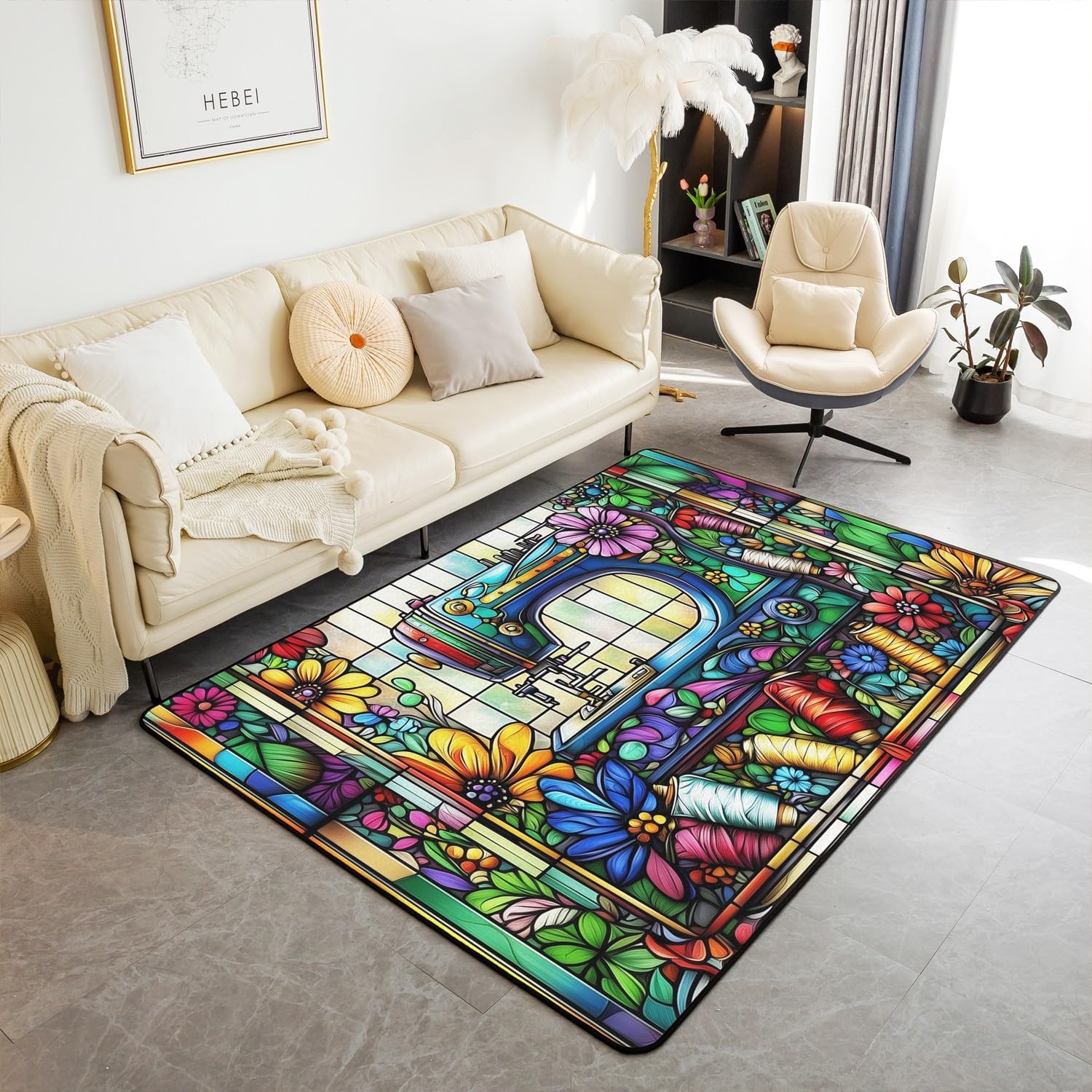 Sewing Machine Kids Area Rug,Craft Handmade Vintage Indoor Floor Mat Entrance Rug for Girls Boys,Daisy Flowers Geometric Patchwork Non Slip Rug,Colorful Bright Couch Living Room Decor,3'x5'