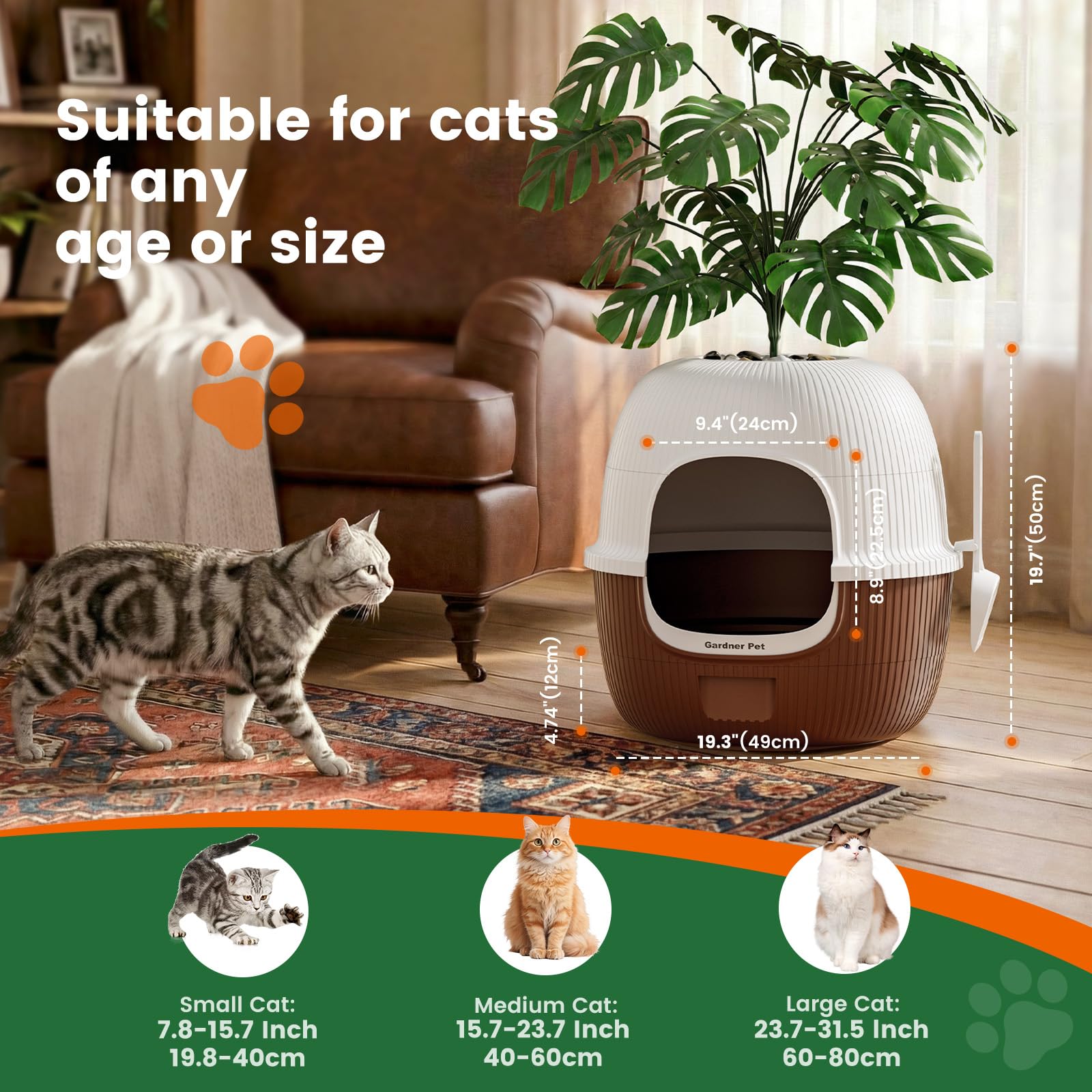 Gardner Pet Versteckte Katzentoilette, Blumentopf-Stil Katzenklo 49x49x50cm | Blumentopf-Stil, Mit Kunstpflanze, Kieselsteinen & Schaufel, Schublade & Kohlefilter, Auslaufsicheres Design