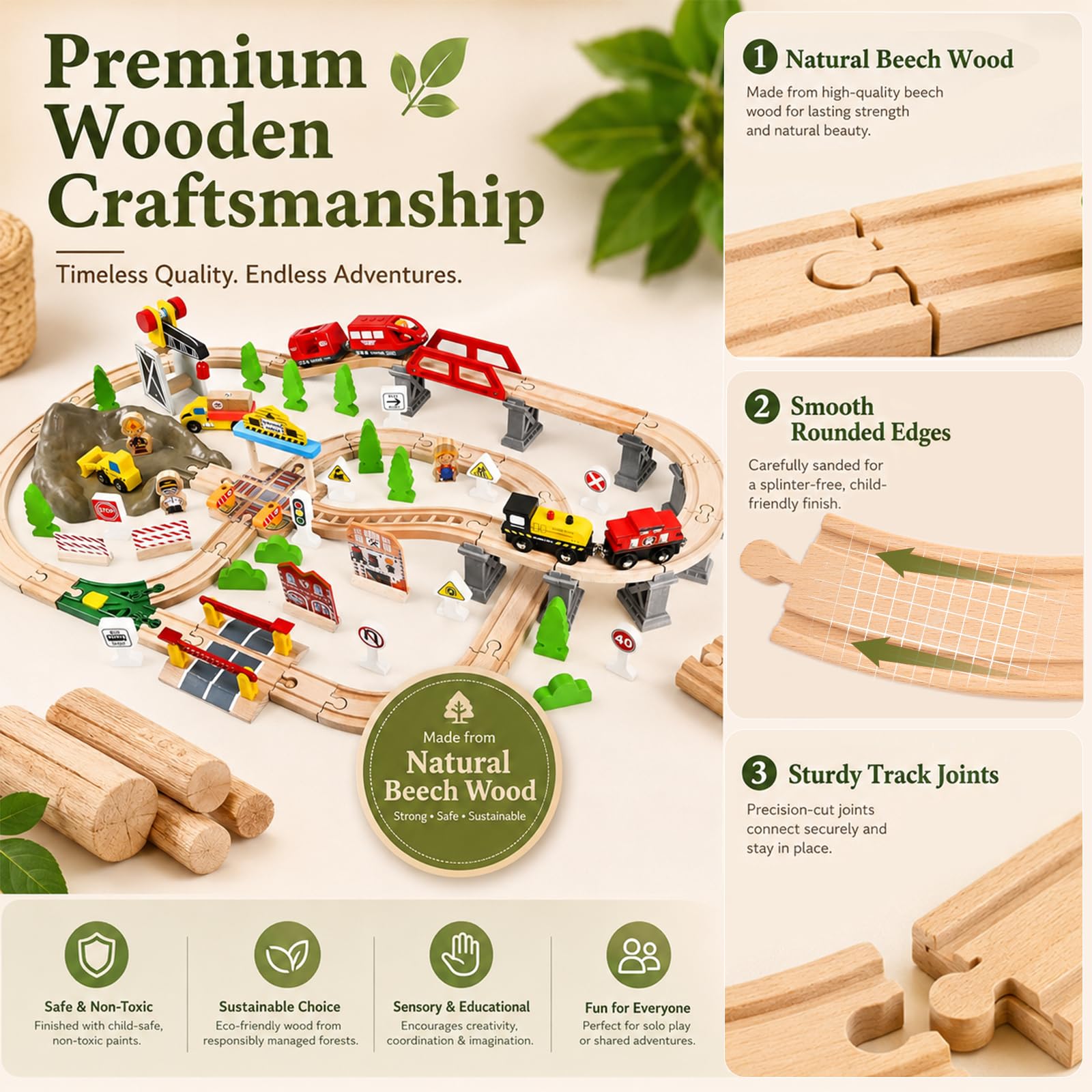 Tren de Madera para Niños, 100 Piezas Pistas de Tren Madera, con Tren Eléctrico y Grúa Magnética, Tren Juguetes Regalos de Cumpleaños y Navidad para Niños y Niña de 3+ Años