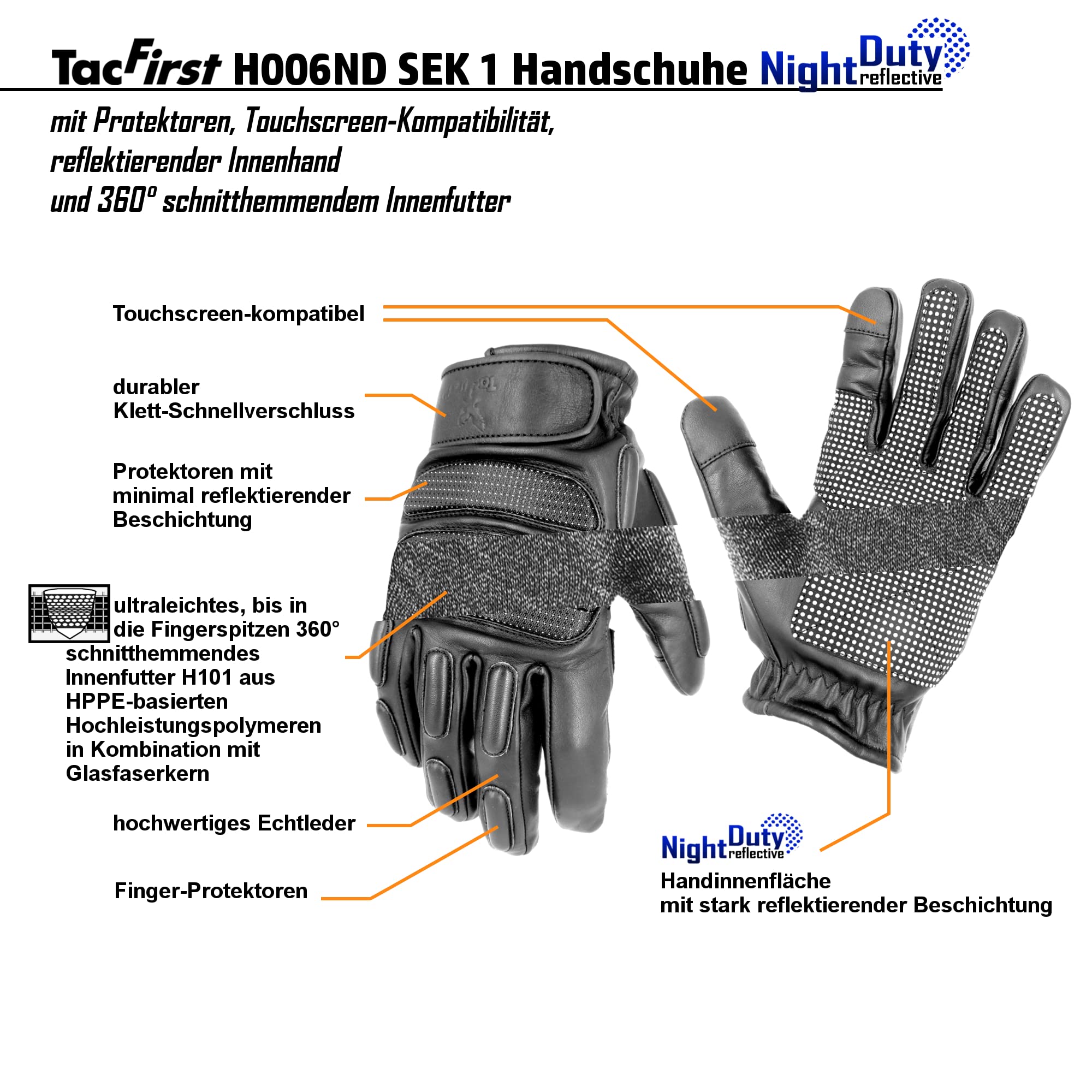 TacFirst SEK 1 NightDuty Security H006ND - Guanti da lavoro retro riflettenti e antitaglio, touch screen