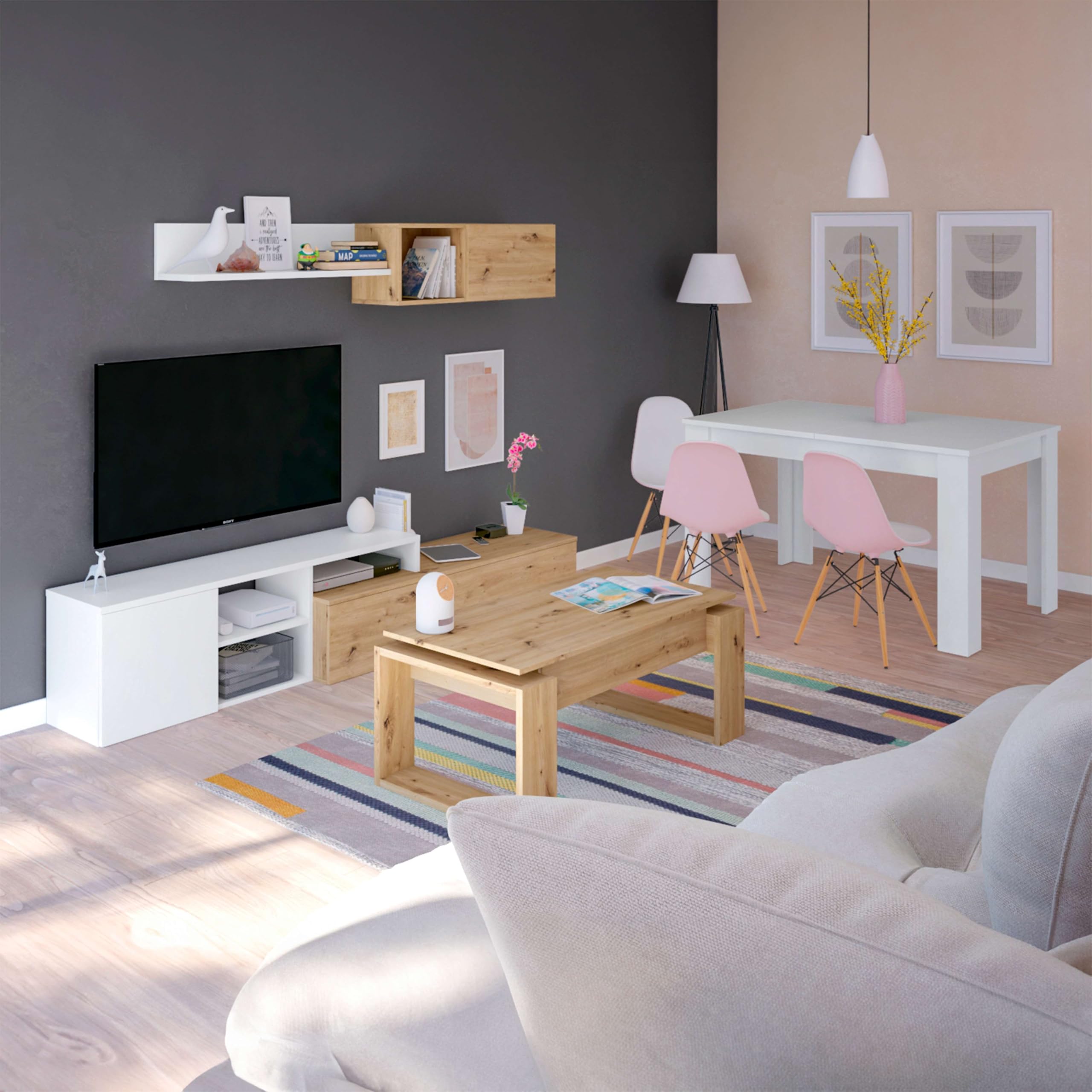 Habitdesign Mesa de Centro elevable, Mesita para Salon, Mesa Auxiliar, Modelo Nova, Acabado en Color Roble Nodi, Medidas: 105 cm (Largo) x 55 cm (Ancho) x 45-54 cm (Fondo)