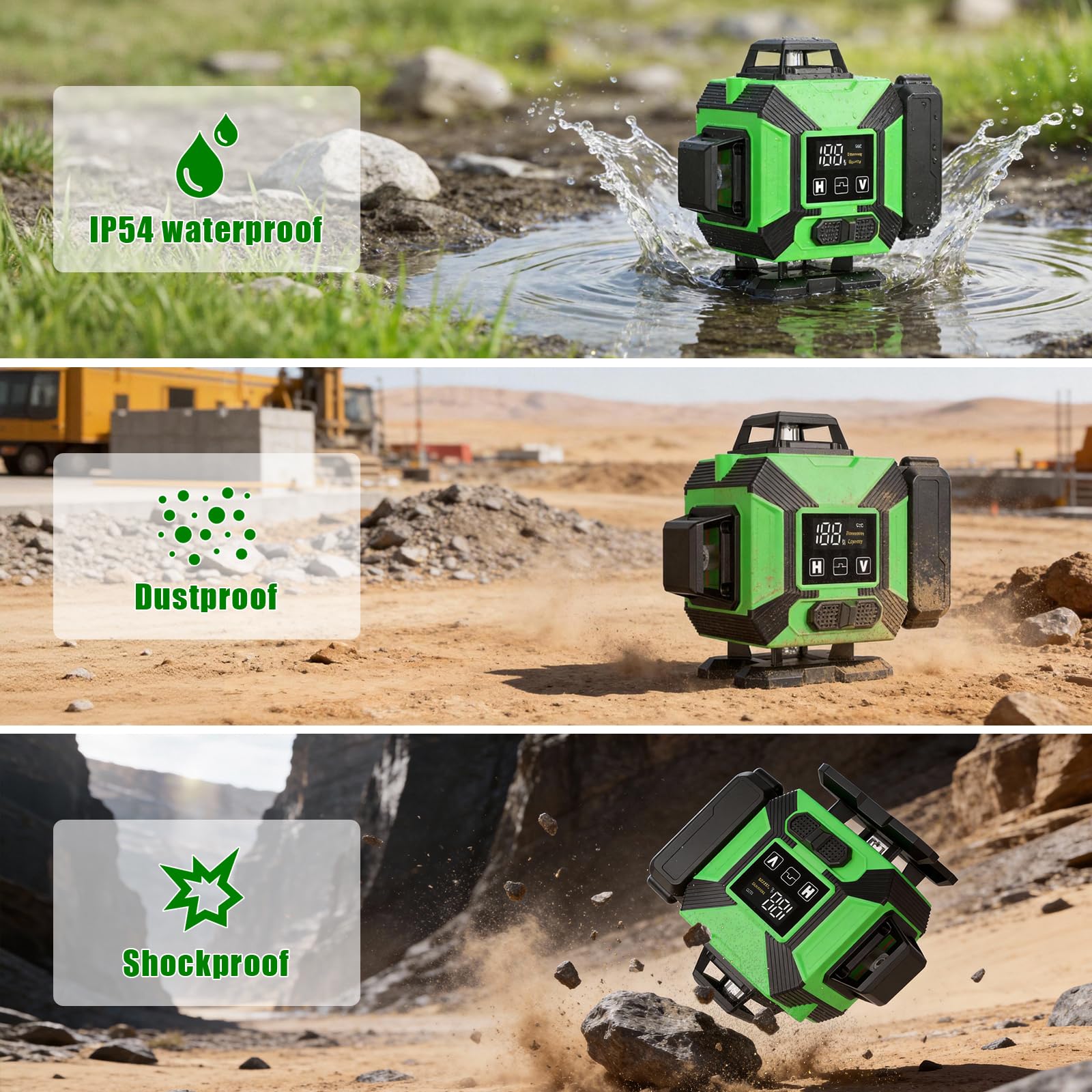 Livella Laser Autolivellante con Treppiede, 4 x 360° Laser a Linee Incrociate, Livella Laser Verde Regolabile Luminosità, Dispositivo di Livellamento con 2 x 3600 mAh Batteria per cantieri Interni DIY