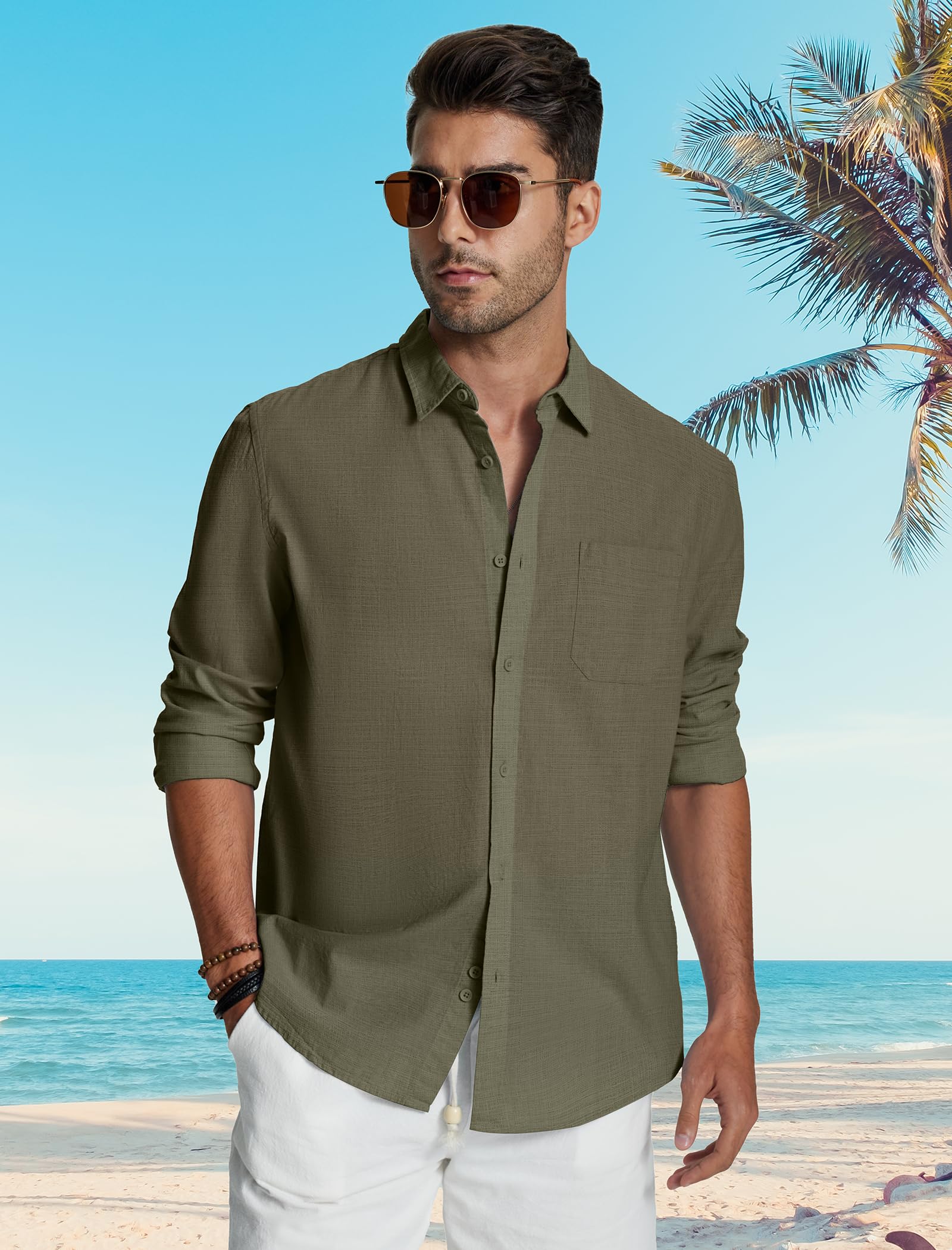 Friptspyg Uomo Camicia Lino Cotone a Maniche Lunghe con Tasca Casual Camicia da Spiaggia vestibilità Regolare Camicie Estive