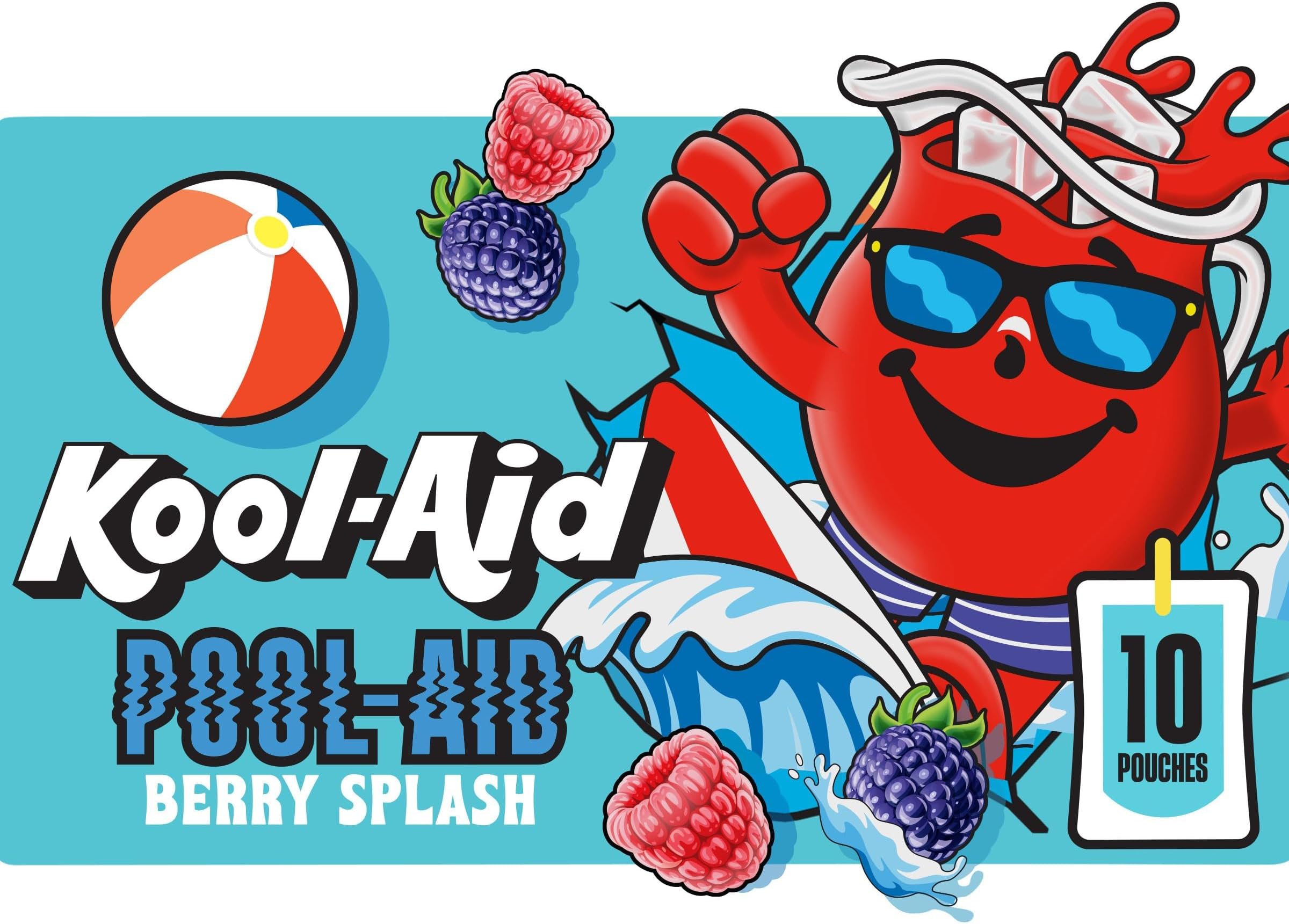 Pool-Aid Drink, 10 Pouches, for School Lunches and On-the-Go Hydration, Berry Splash Artificially Flavored, Excellent Source of Vitamin C, 6 fl oz