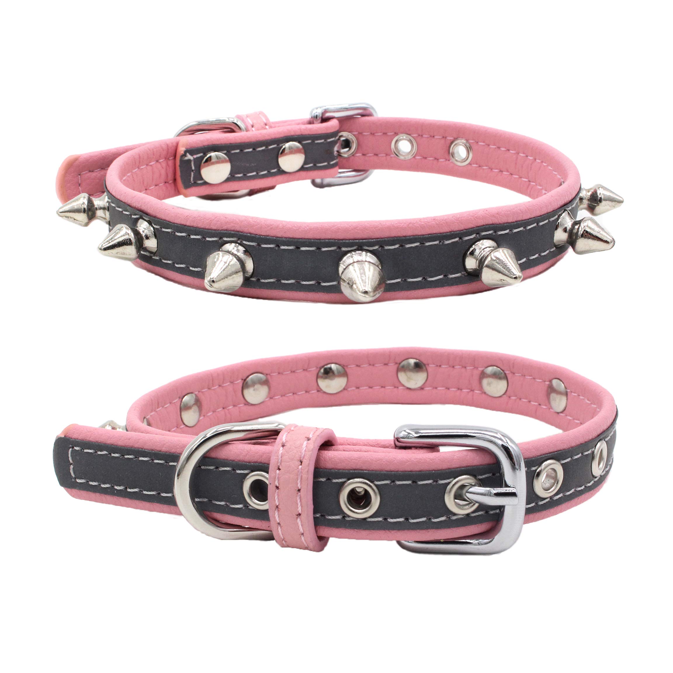 Newtensina Studded Dog Collar Reflective Puppy Collar for Small Dogs - Pink - M