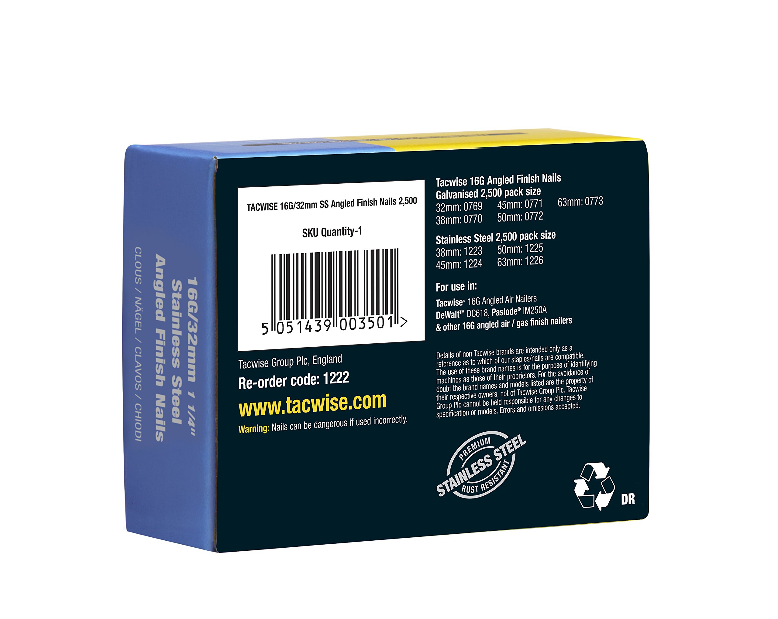 Tacwise 1222 Clavos de Acabado 16G / 32 mm, Acero inoxidable, Caja de 2500 | Inclinados 20°