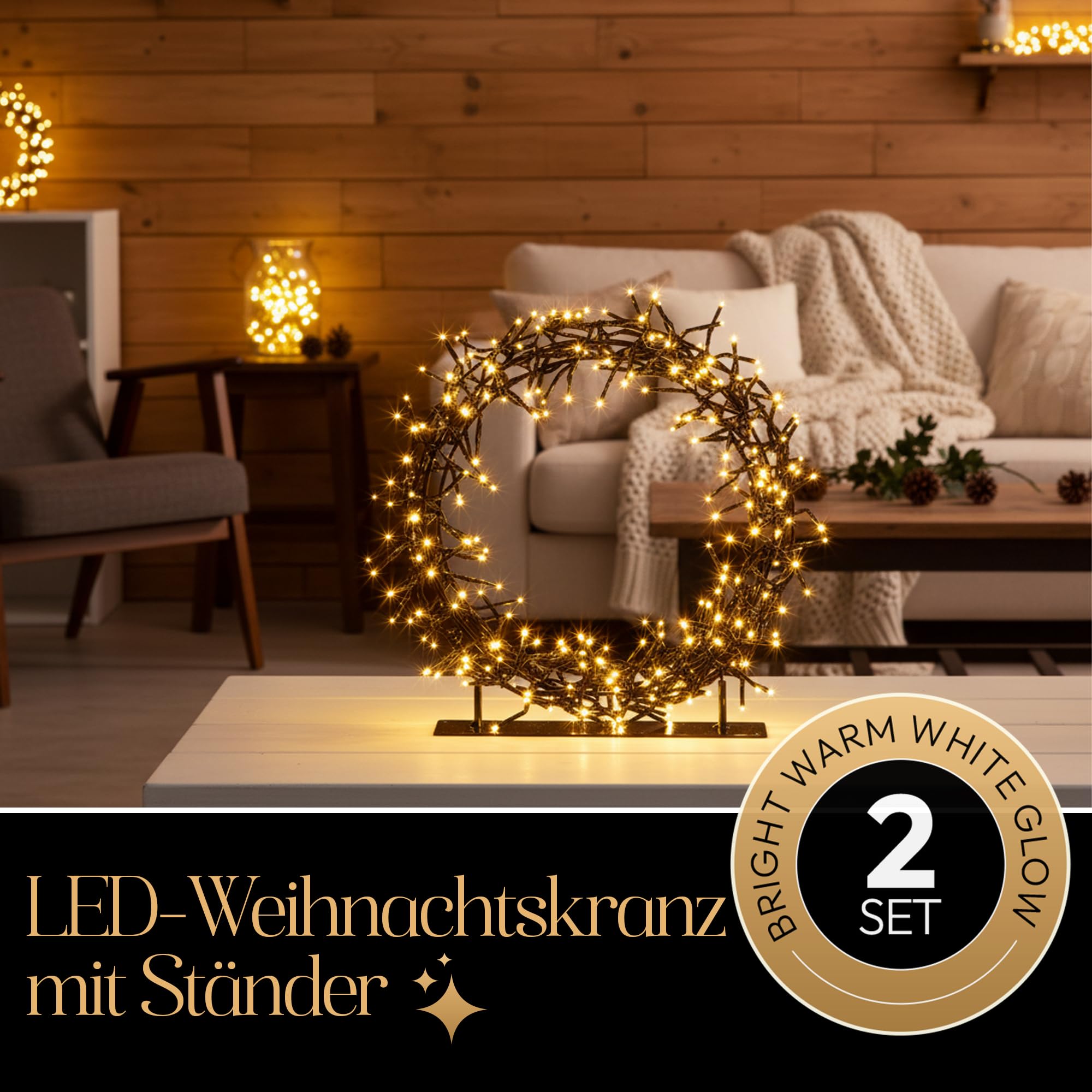 Meisterhome® LED Kerzring 2er-Set – Ø30 cm 280 LEDs & Ø45 cm 440 LEDs – Dekorationsring/Weihnachtskranz mit Beleuchtung – Warmweiß – Timer & Dimmer – für Innen- und Außenbereich