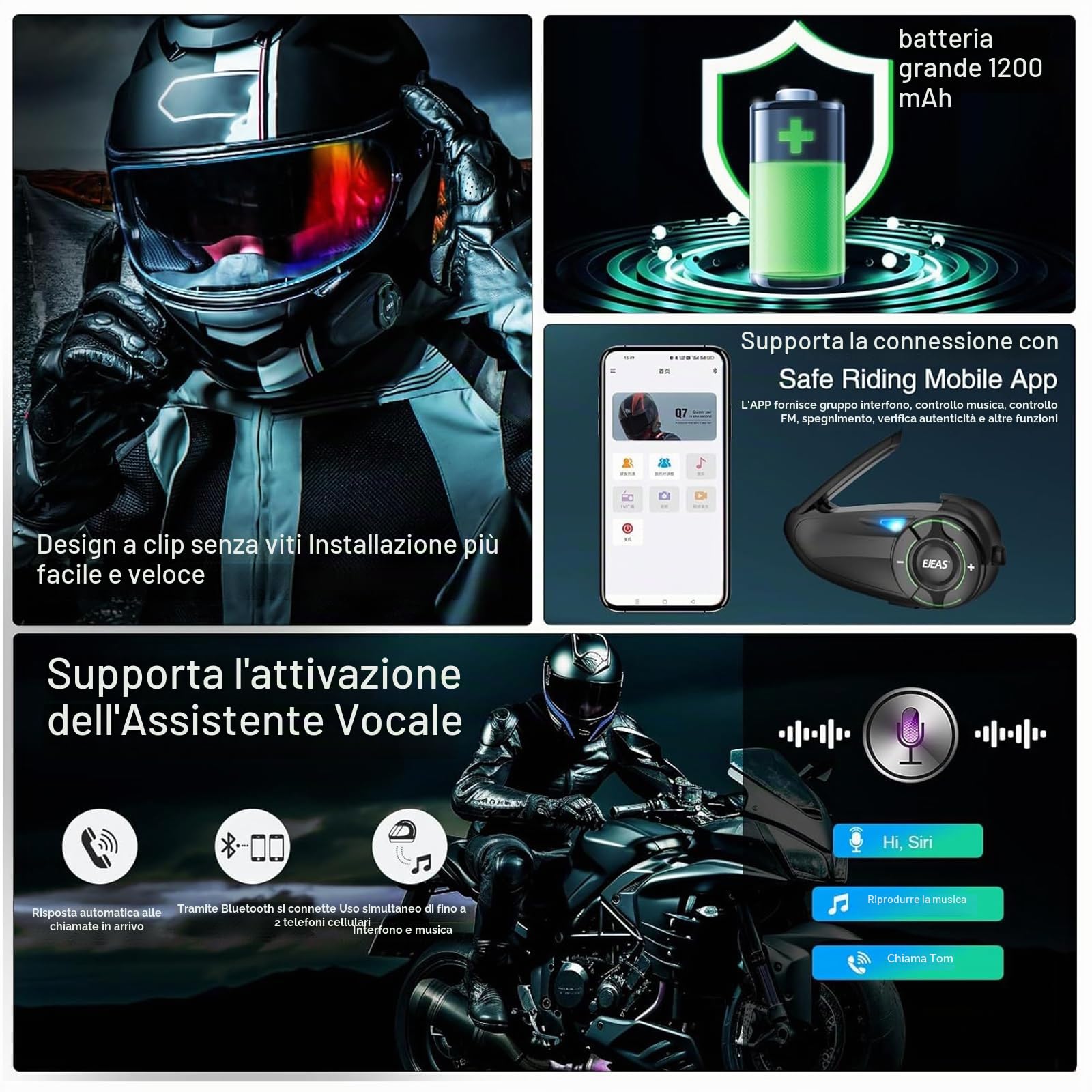 EJEAS Q8 Mesh 3.0 Sistema di Comunicazione Interfono Moto, Interfono Casco Moto Bluetooth 5.1 con Riduzione del Rumore CVC e Condivisione di Musica per 6 Motociclista (Confezione da 1)