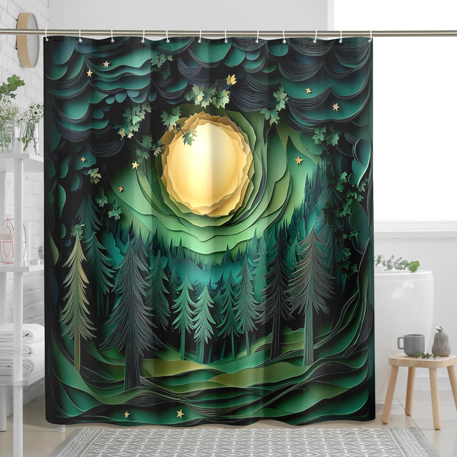 Quilling Rideau de douche en papier motif forêt printanière, rideaux de douche pour salle de bain, impression paysage 3D, ensemble d'accessoires de décoration de bain – 157 x 183 cm