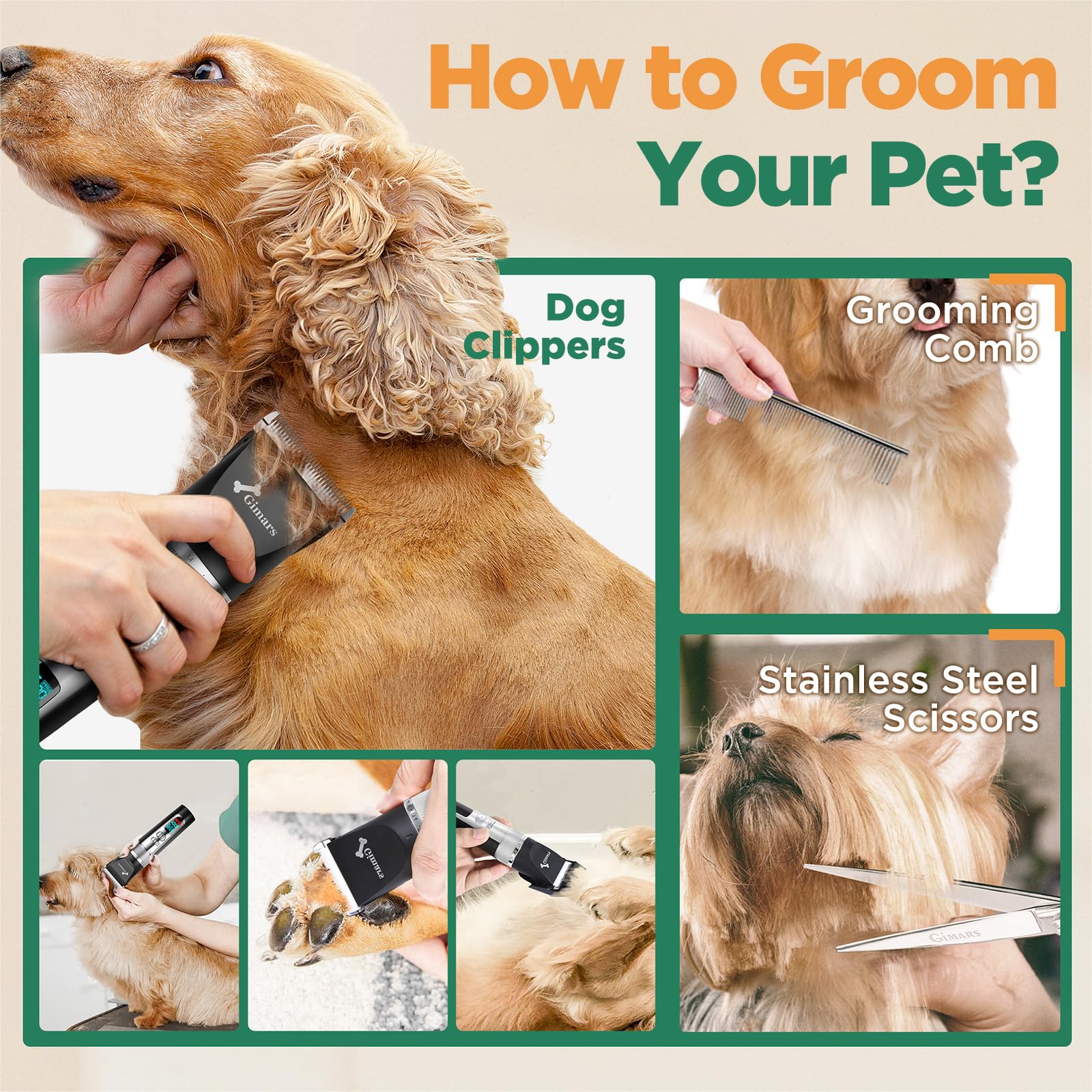 Gimars Tondeuse pour chien 4 en 1 7000 tr/min avec lame de rechange, sans fil et silencieuse, 55 dB, tondeuse professionnelle pour poils d'animaux, tondeuse à poils de chien et rasoir pour poils épais
