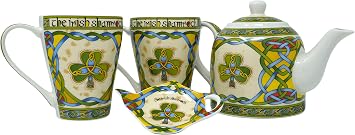 Royal Tara Set of Irish Shamrock Cup 1 Shamrock Porcelain Teapot Tea Bag Holder - Irish Tea Pot Celtic Knot Tea Kettle with Removable Lid Teapot 2Mugs and Tea Bag Holder