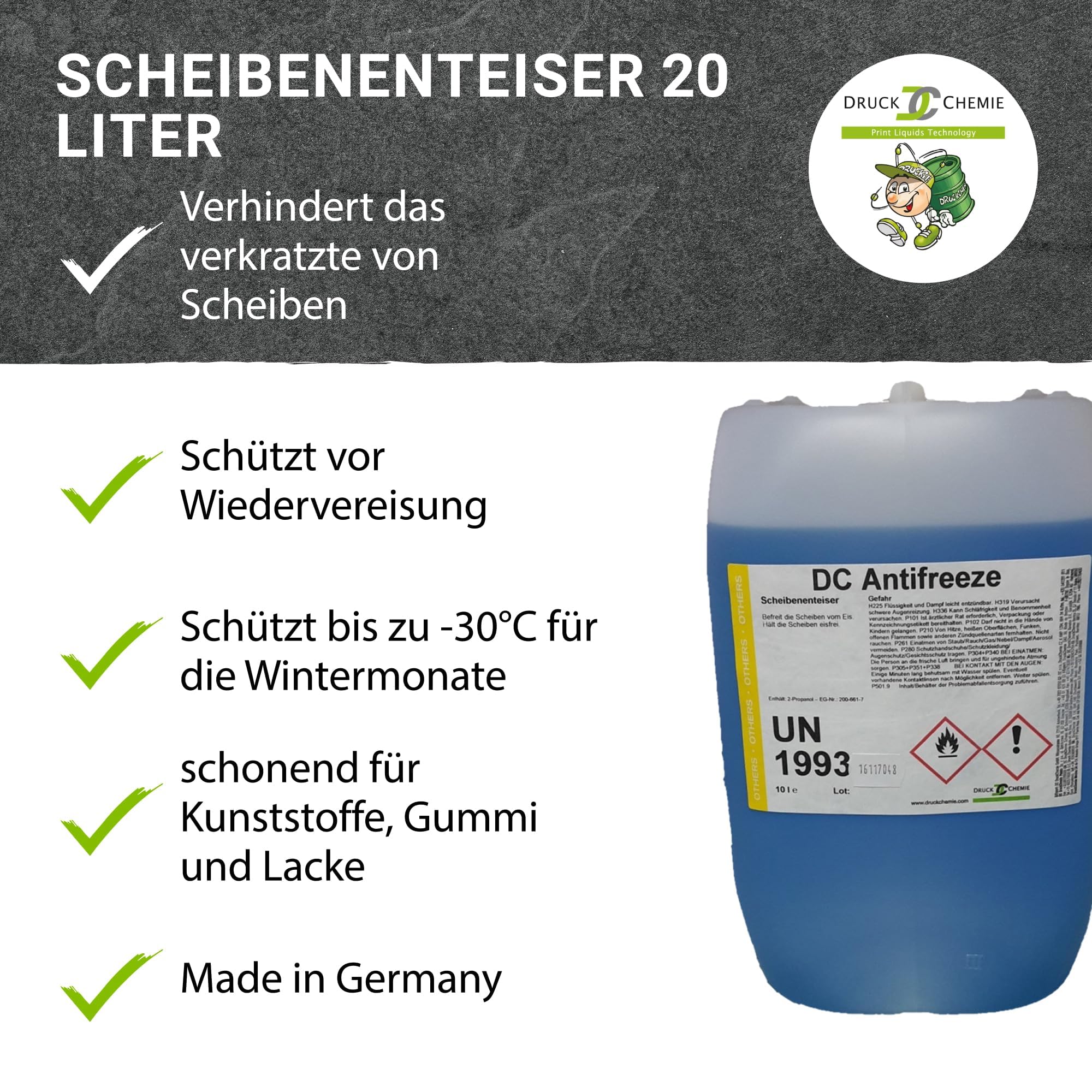 DC DruckChemie GmbH Antifreeze Scheibenenteiser Auto 2 x 10L - Leistungsstarker Entfroster für Autoscheiben, Seitenspiegel & Scheinwerfer