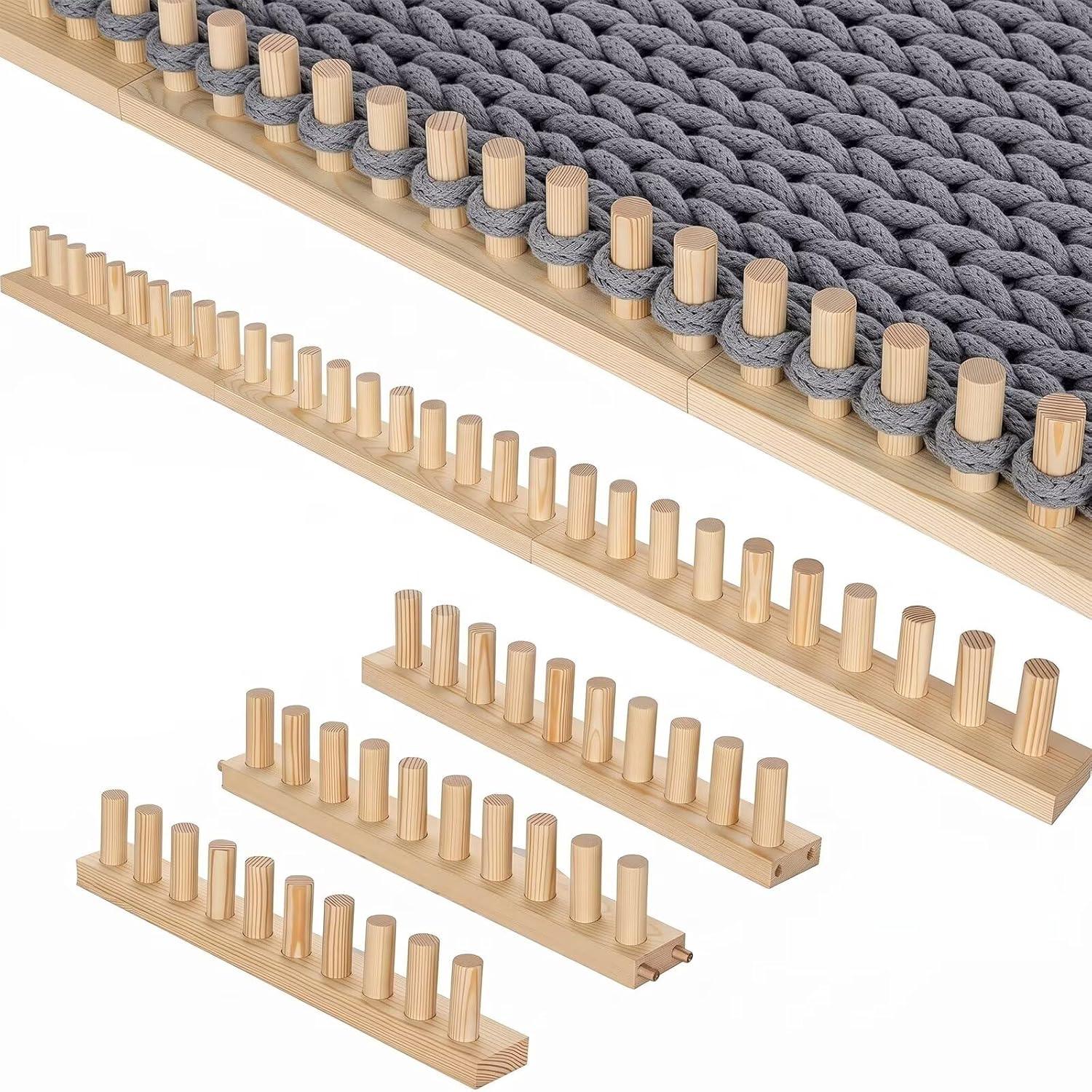 46” Modular Wooden Knitting Board, Premium Natural Pine Blanket Weaver for Jumbo Yarn, Needle-Free Hand-Knitting Tool Set for DIY Carpets, Cushions & Chunky Blankets