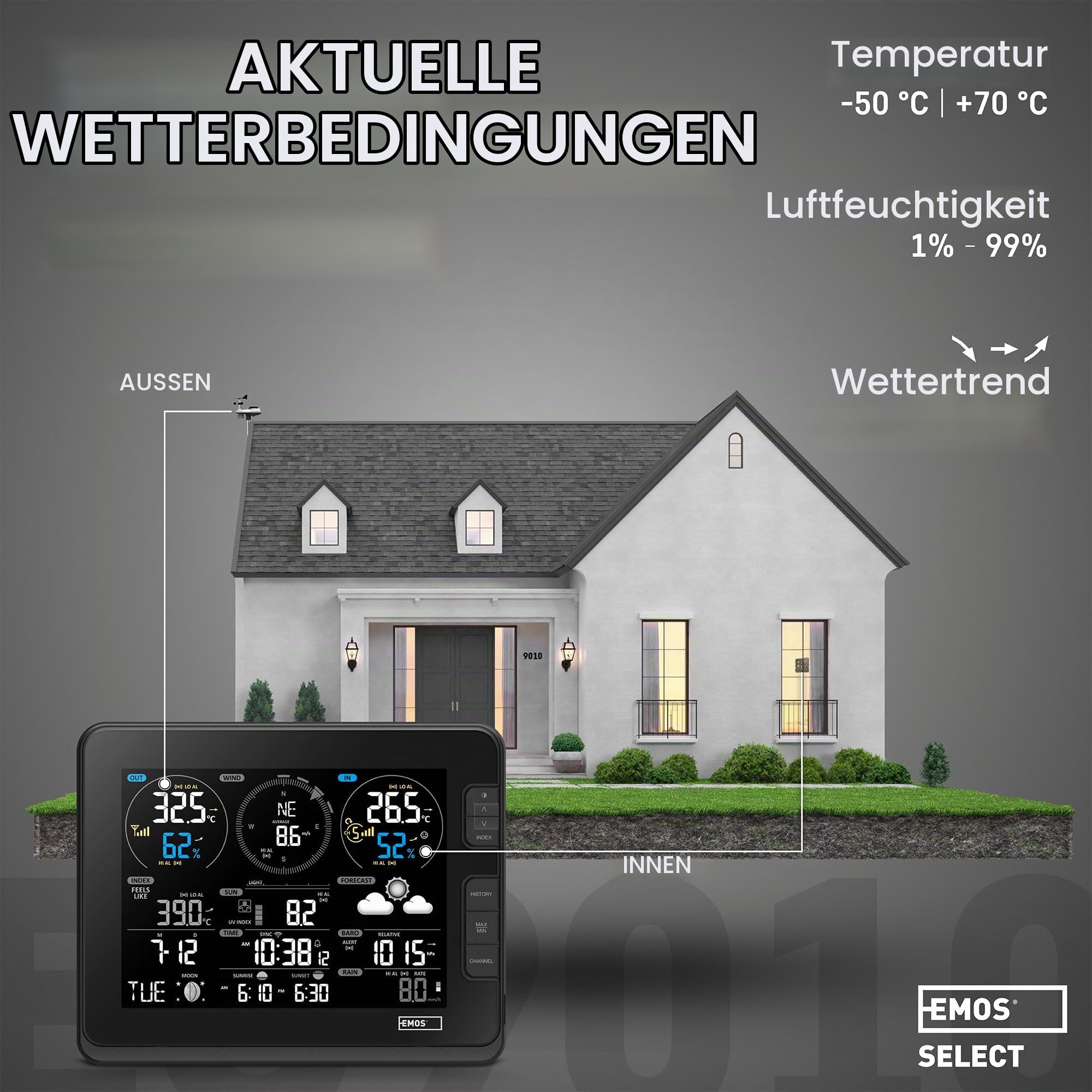 EMOS Wetterstation WLAN mit Windmesser und Regenmesser - zur Wettervorhersage, für drinnen & draußen - Überwacht Zeit, Datum, Temperatur, Luftfeuchtigkeit, Luftdruck - 12-24 Stunden Vorhersage